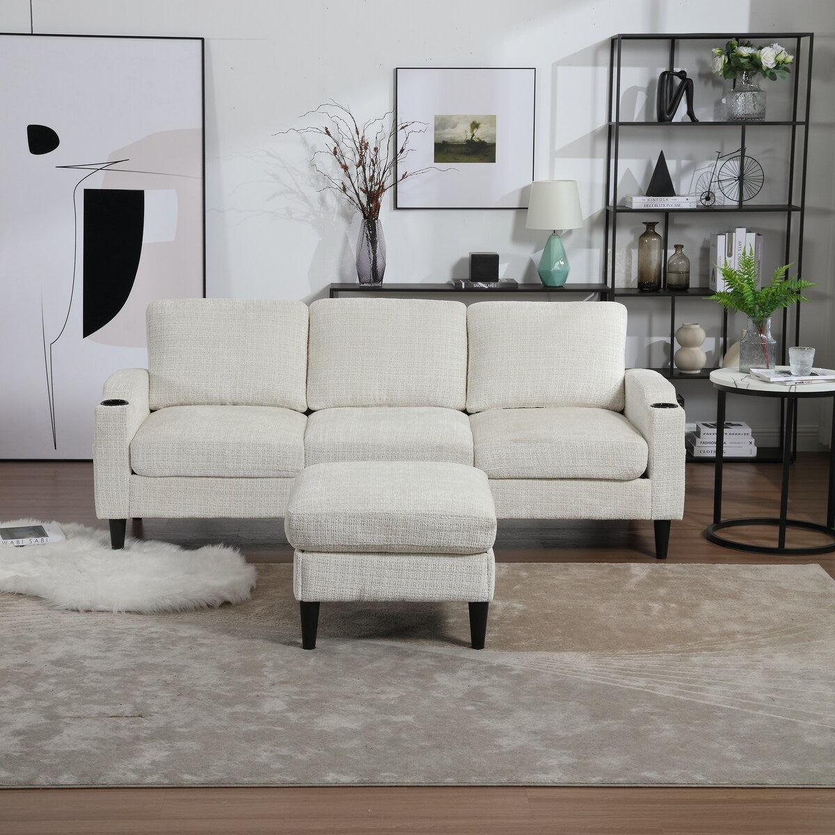 Canapé modulaire moderne en forme de L, 3 places, avec rangement, pouf, oreillers, porte-gobelets, poches latérales
