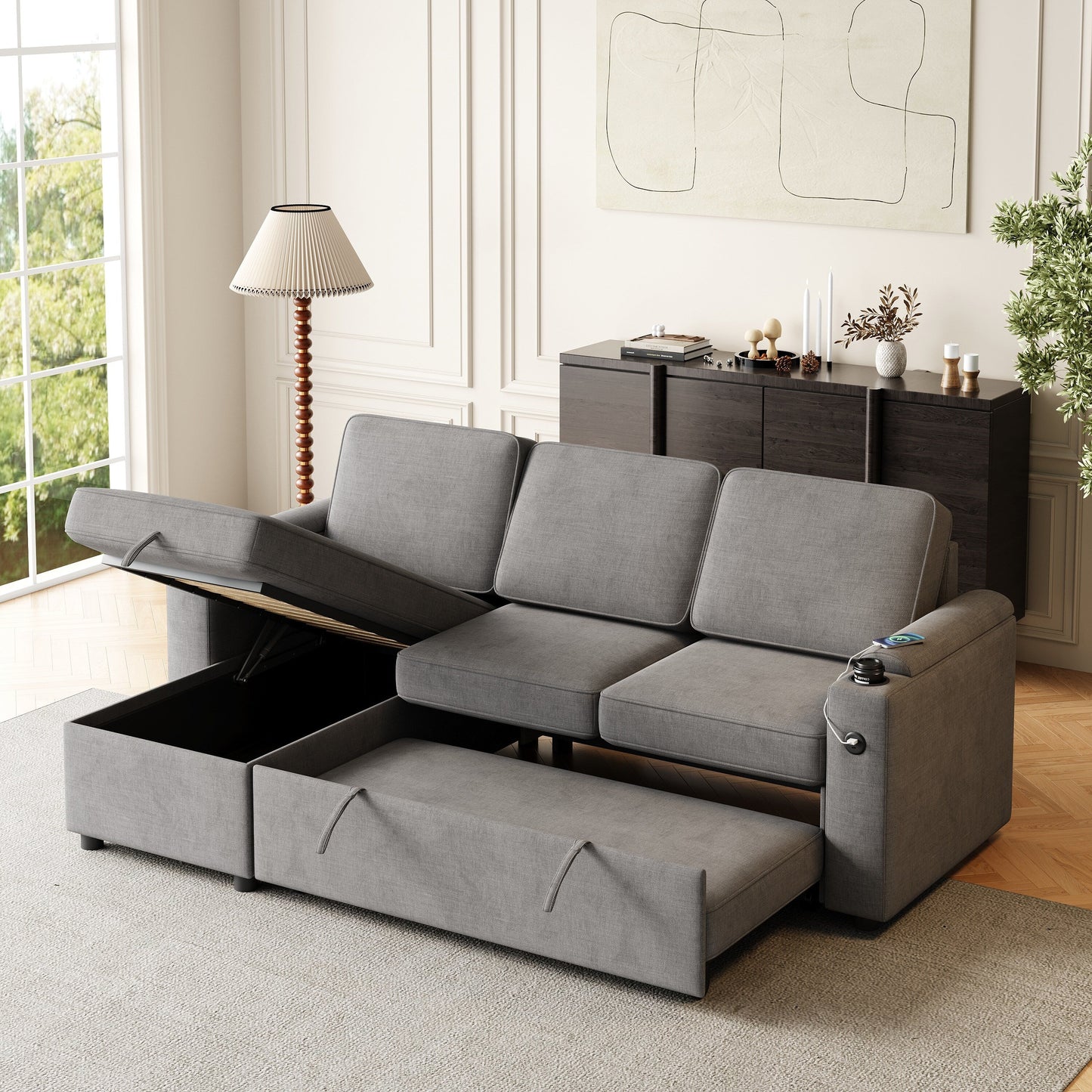 Canapé-lit gigogne moderne en L avec méridienne réversible, rangement, chargement USB et porte-gobelets pour le salon