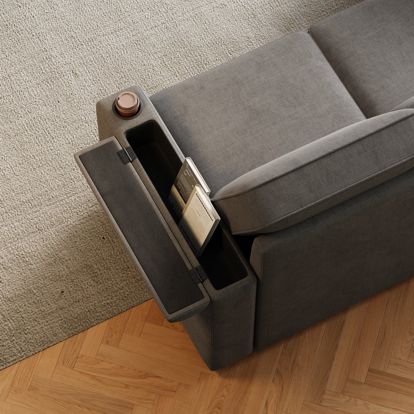 Canapé-lit gigogne moderne en L avec méridienne réversible, rangement, chargement USB et porte-gobelets pour le salon
