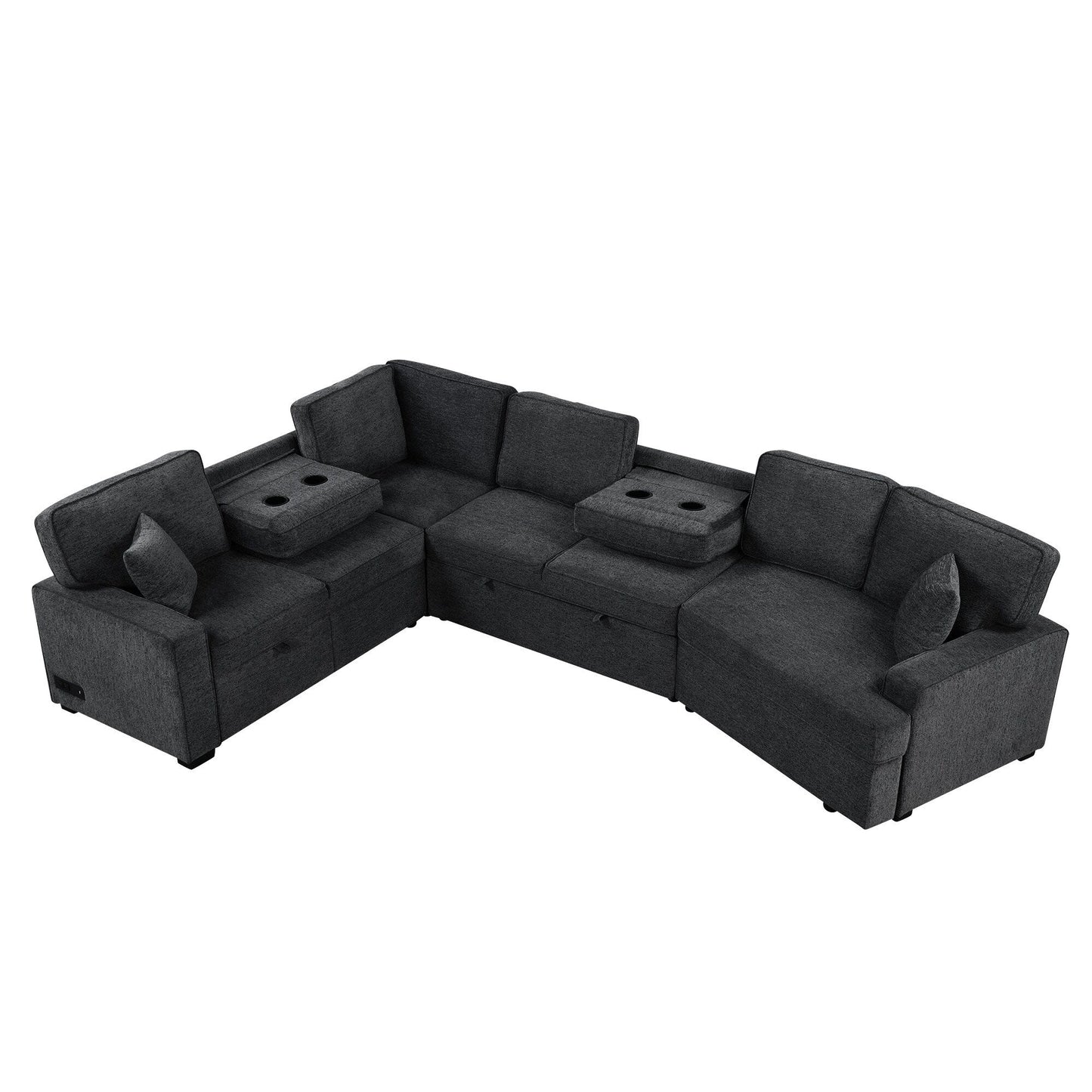 Canapé sectionnel moderne en L avec lit gigogne, ports USB et tables rabattables pour le salon