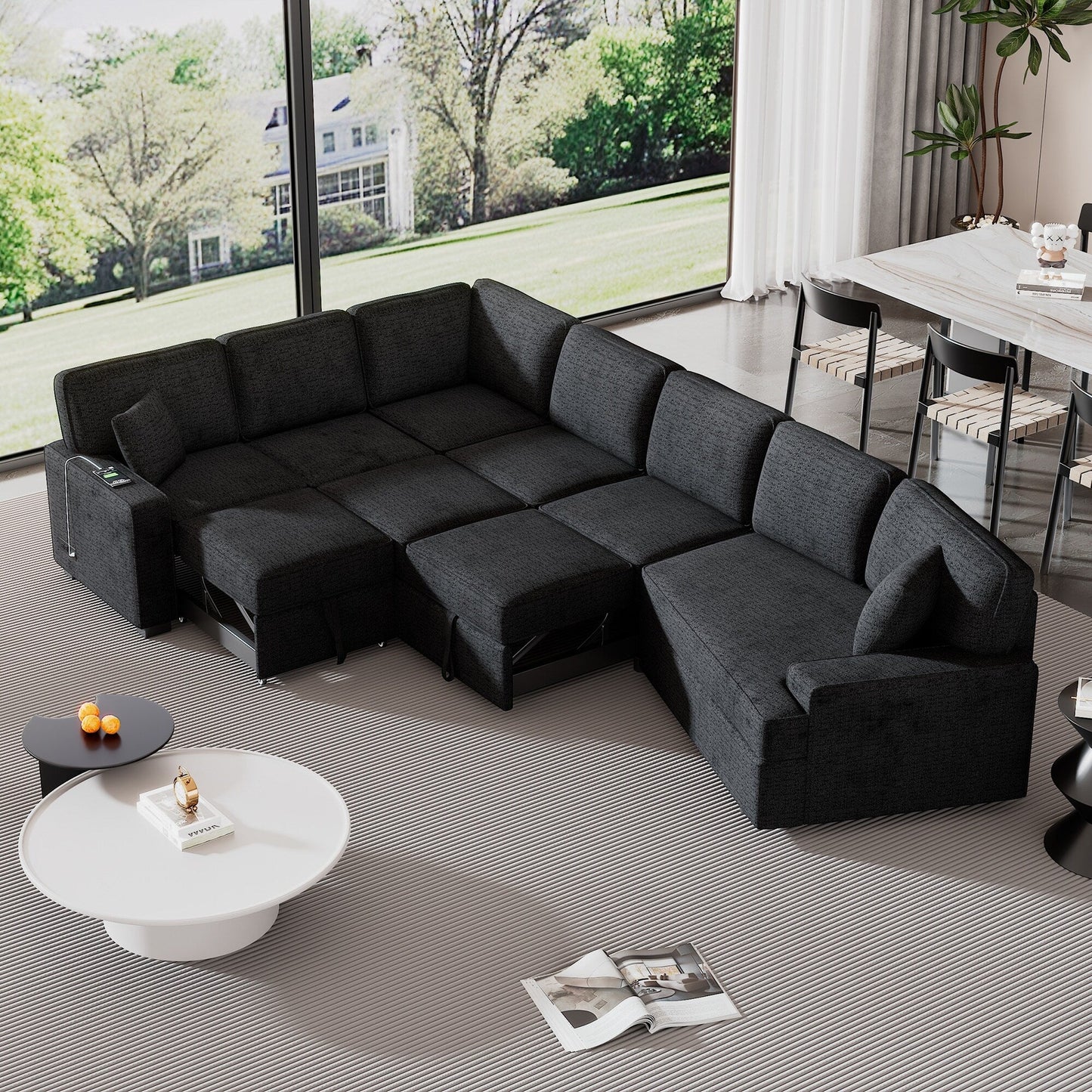 Canapé sectionnel moderne en L avec lit gigogne, ports USB et tables rabattables pour le salon