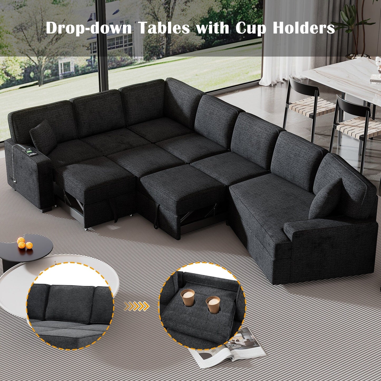 Canapé sectionnel moderne en L avec lit gigogne, ports USB et tables rabattables pour le salon