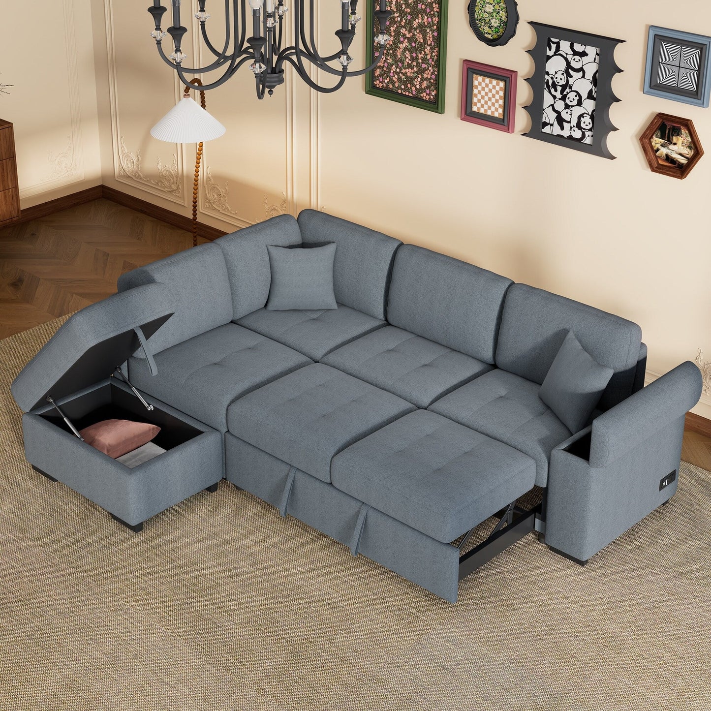 Canapé-lit d'angle moderne en velours en forme de L avec pouf de rangement, accoudoirs dissimulés et chargeur USB