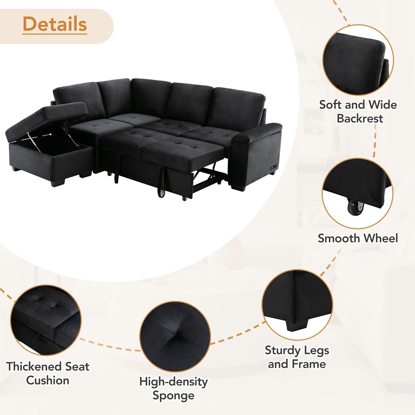 Canapé-lit d'angle moderne en velours en forme de L avec pouf de rangement, accoudoirs dissimulés et chargeur USB