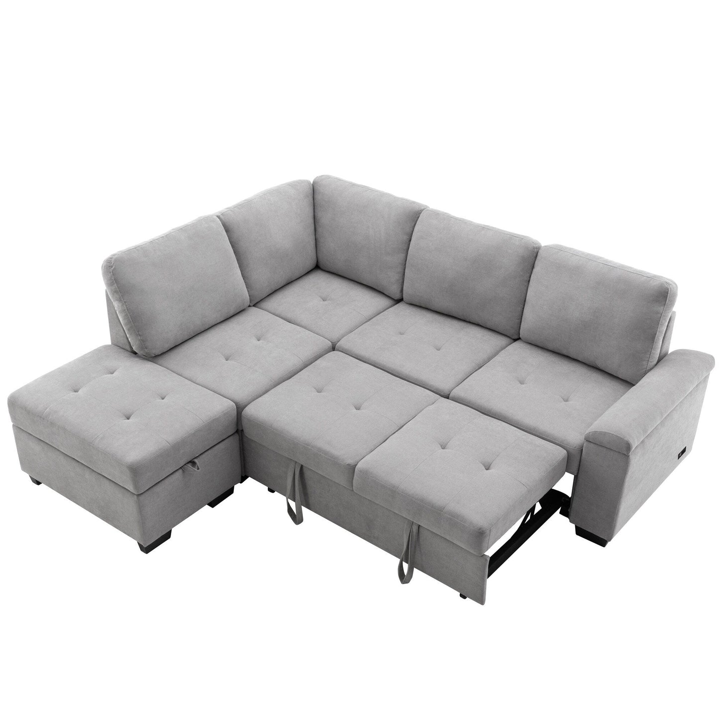 Canapé-lit d'angle moderne en velours en forme de L avec pouf de rangement, accoudoirs dissimulés et chargeur USB