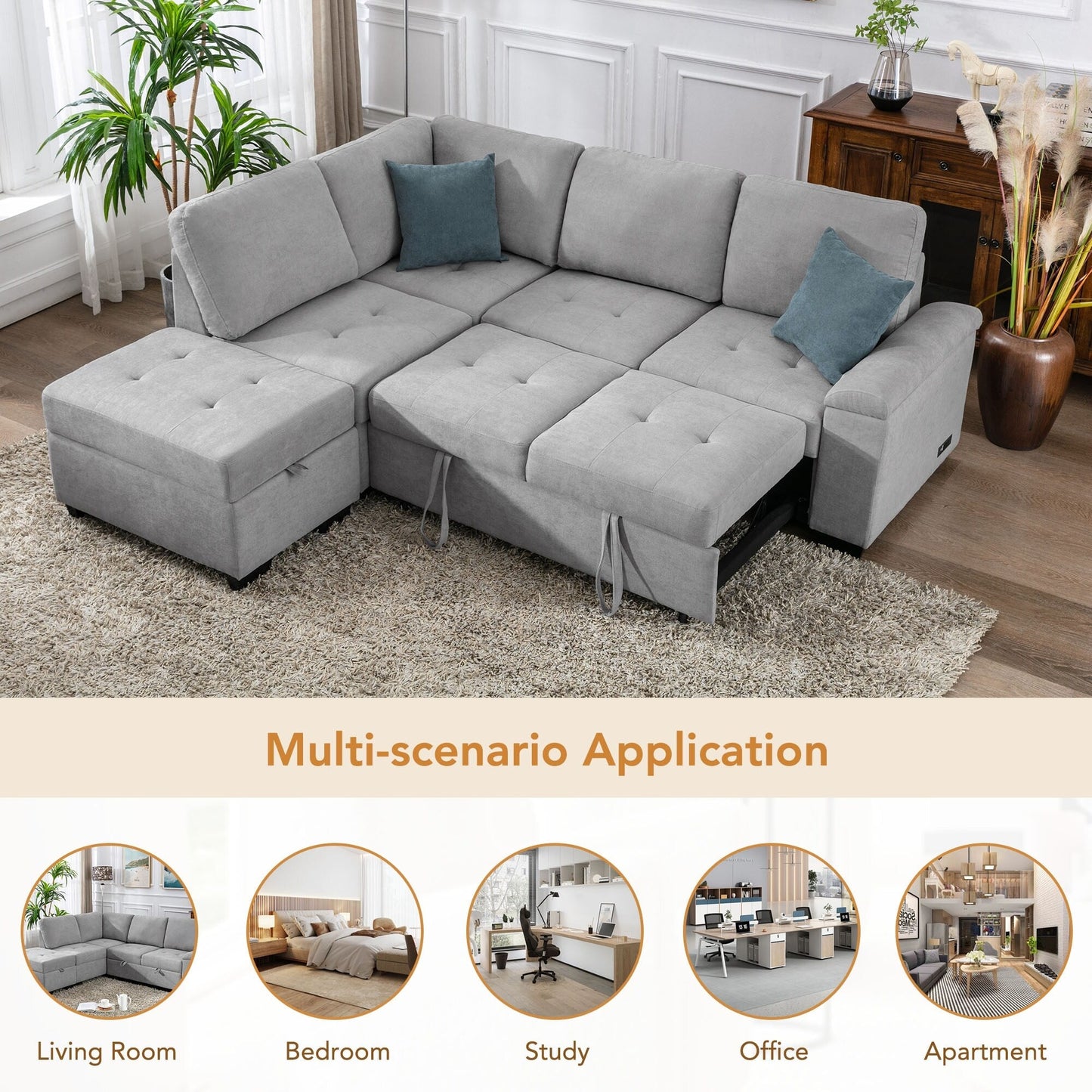 Canapé-lit d'angle moderne en velours en forme de L avec pouf de rangement, accoudoirs dissimulés et chargeur USB