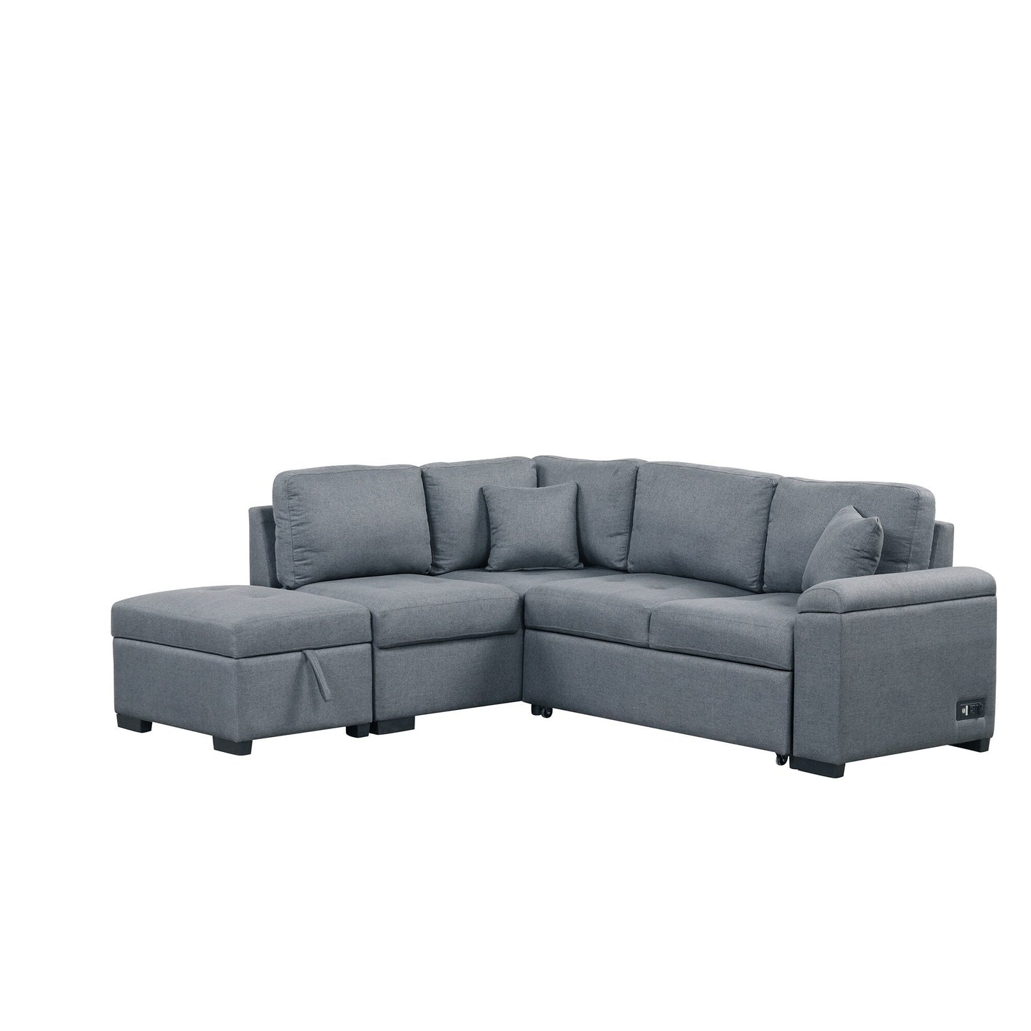 Canapé-lit d'angle moderne en velours en forme de L avec pouf de rangement, accoudoirs dissimulés et chargeur USB