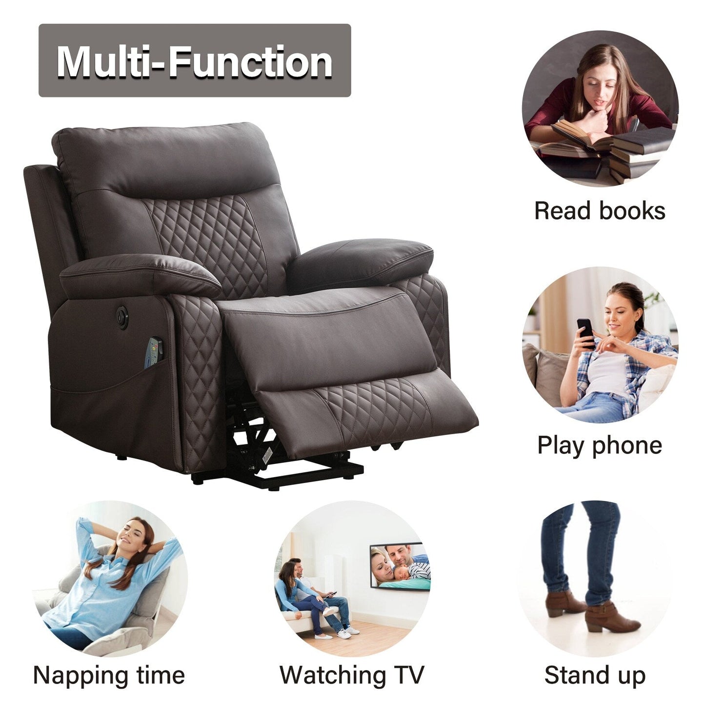 Fauteuil de massage chauffant et inclinable en cuir moderne pour personnes âgées