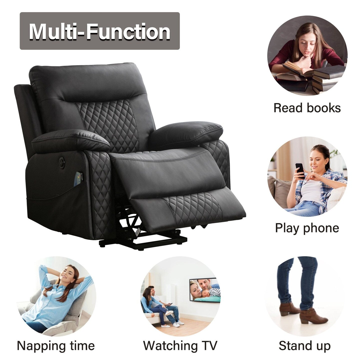 Fauteuil de massage chauffant et inclinable en cuir moderne pour personnes âgées