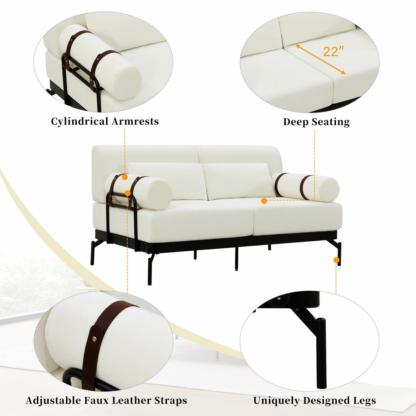 Canapé causeuse moderne 59 pouces, canapé 2 places avec ports USB flexibles et accoudoirs cylindriques uniques