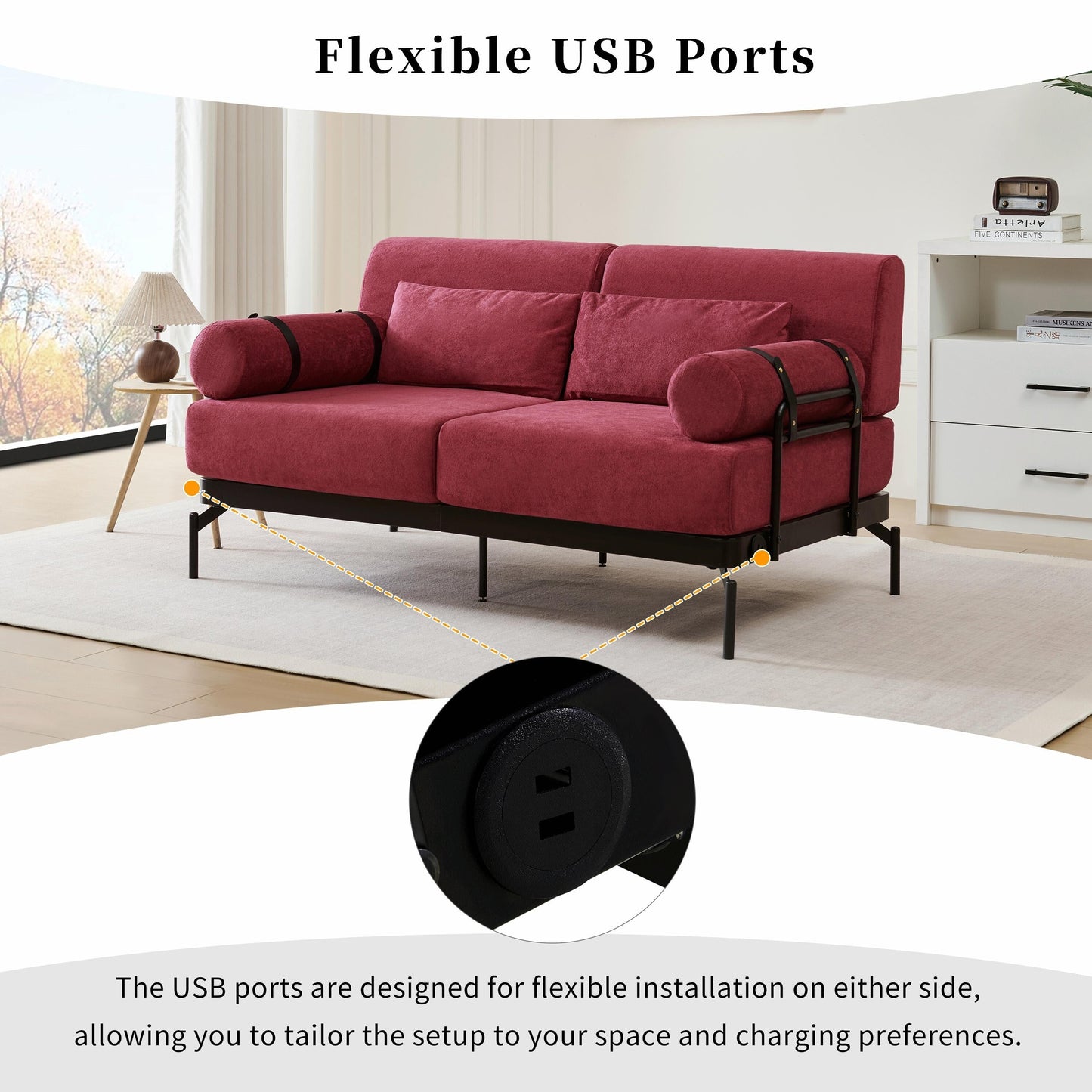 Canapé causeuse moderne 59 pouces, canapé 2 places avec ports USB flexibles et accoudoirs cylindriques uniques
