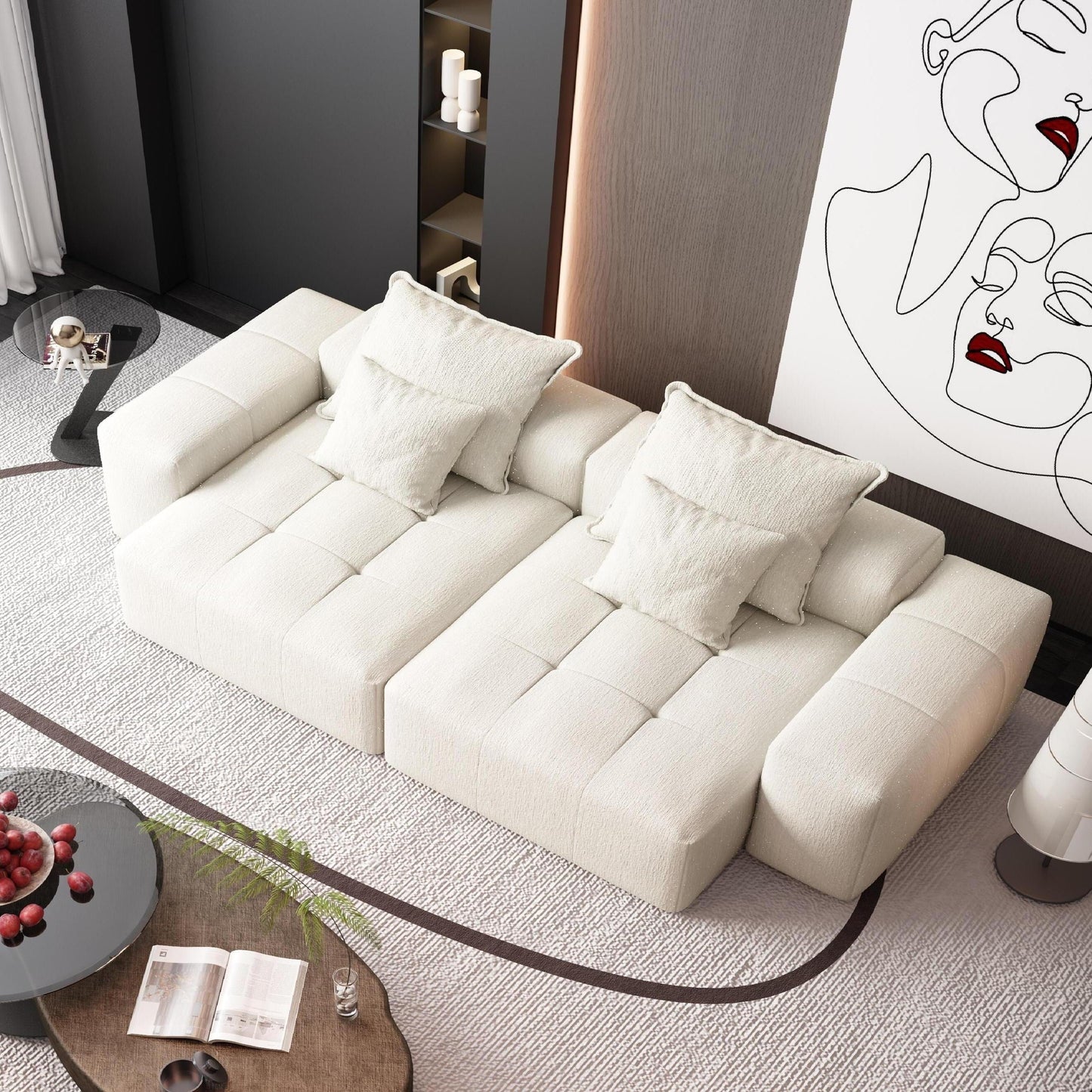 Canapé modulaire moderne en chenille avec 2 chaises longues, 2 accoudoirs et 4 coussins pour le salon