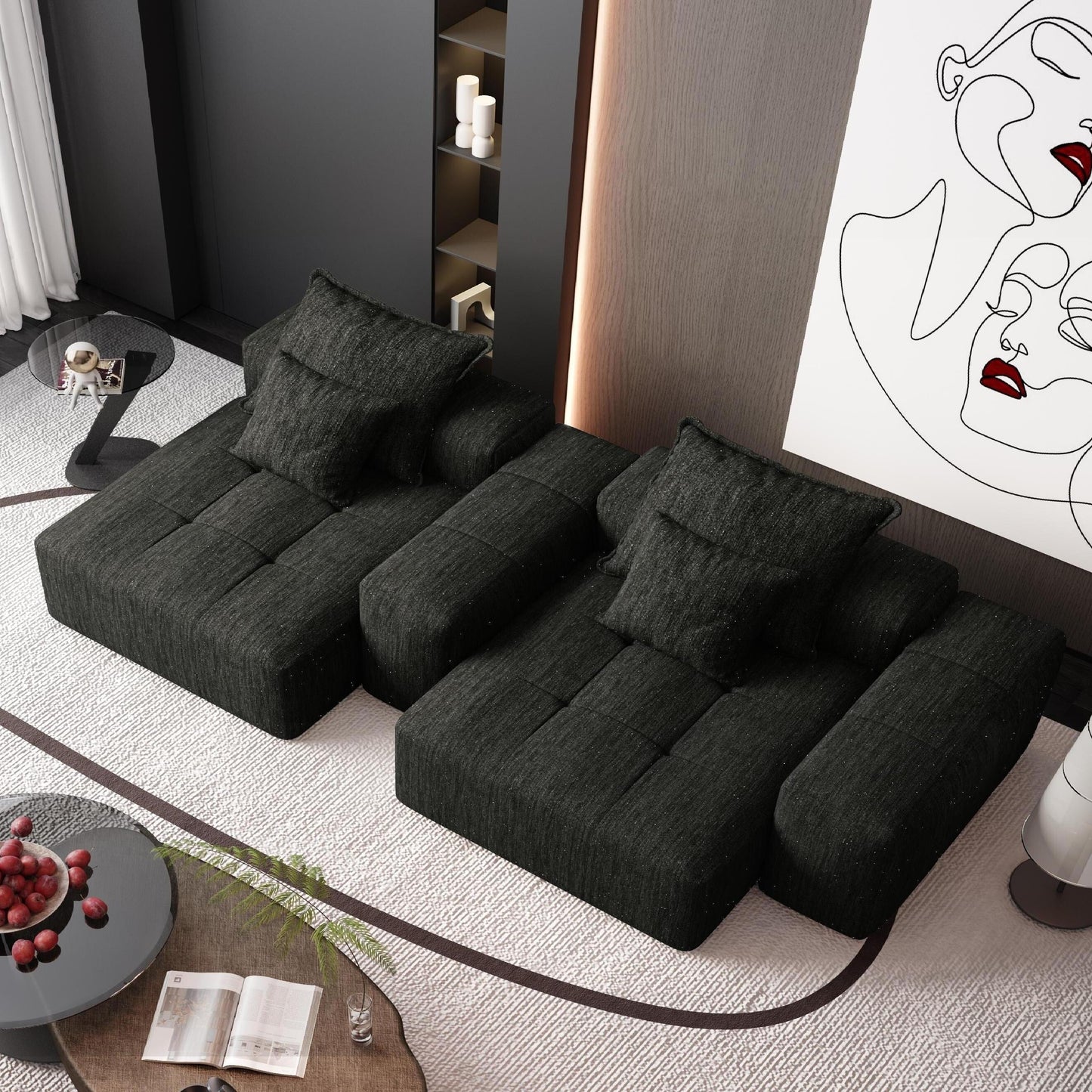 Canapé modulaire moderne en chenille avec 2 chaises longues, 2 accoudoirs et 4 coussins pour le salon
