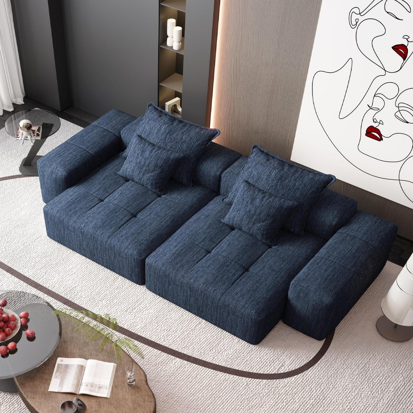 Canapé modulaire moderne en chenille avec 2 chaises longues, 2 accoudoirs et 4 coussins pour le salon