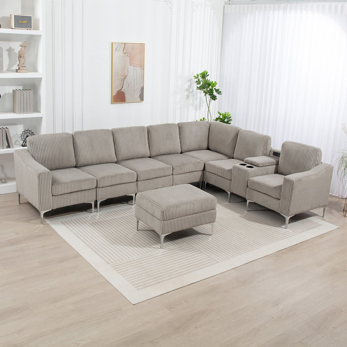 Canapé d'angle modulaire moderne en velours côtelé avec ports USB, pouf de rangement et porte-gobelets pour salon d'appartement