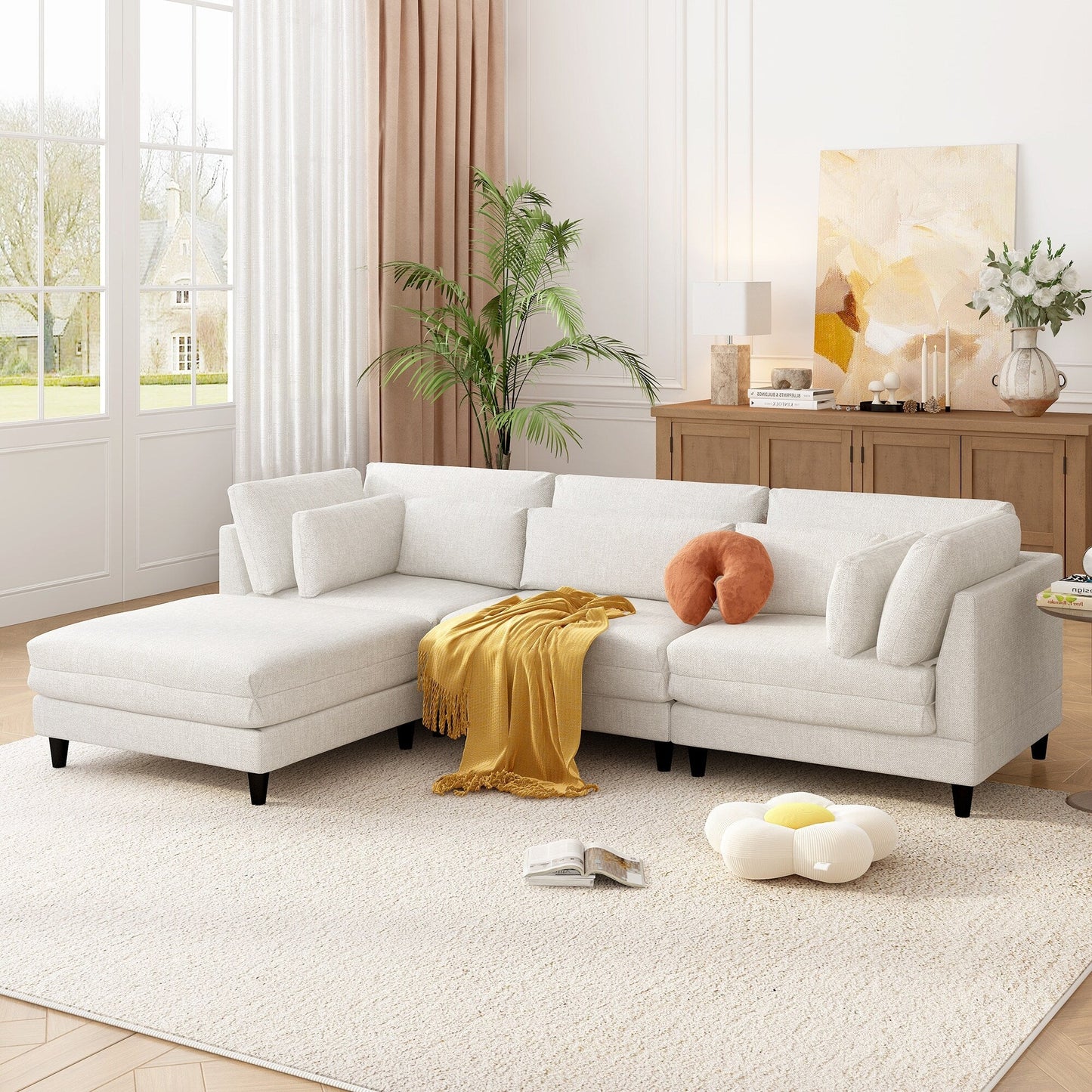 Canapé modulable moderne en L 4 places avec 5 coussins et pouf amovible pour salon ou bureau