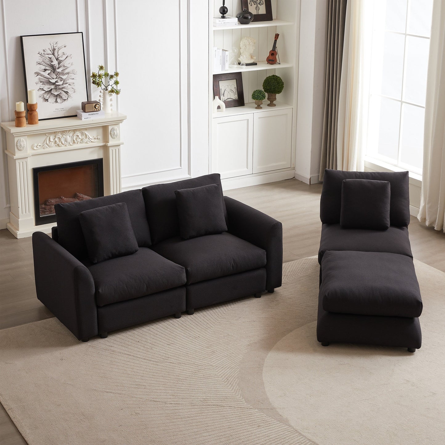 Canapé modulaire moderne en L avec pouf, 3 coussins et 3 oreillers pour le salon