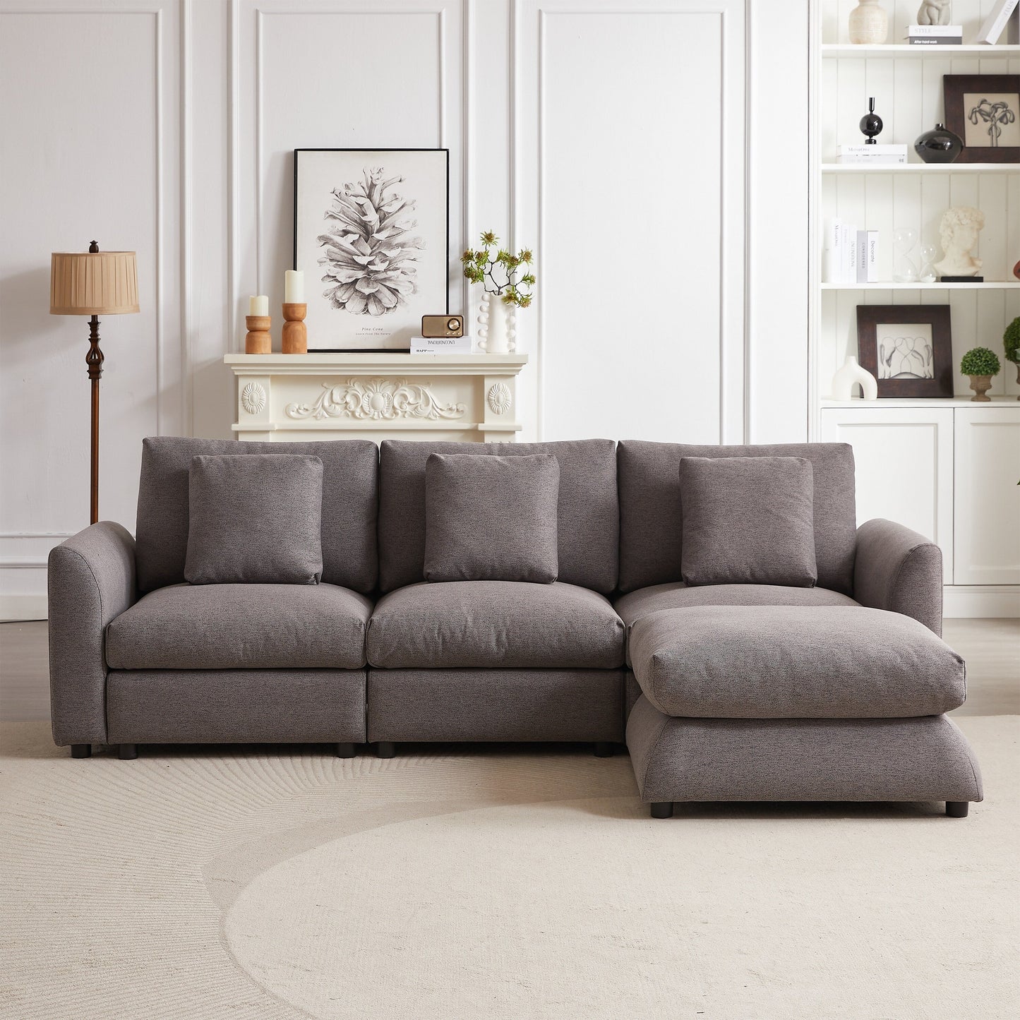Canapé modulaire moderne en L avec pouf, 3 coussins et 3 oreillers pour le salon