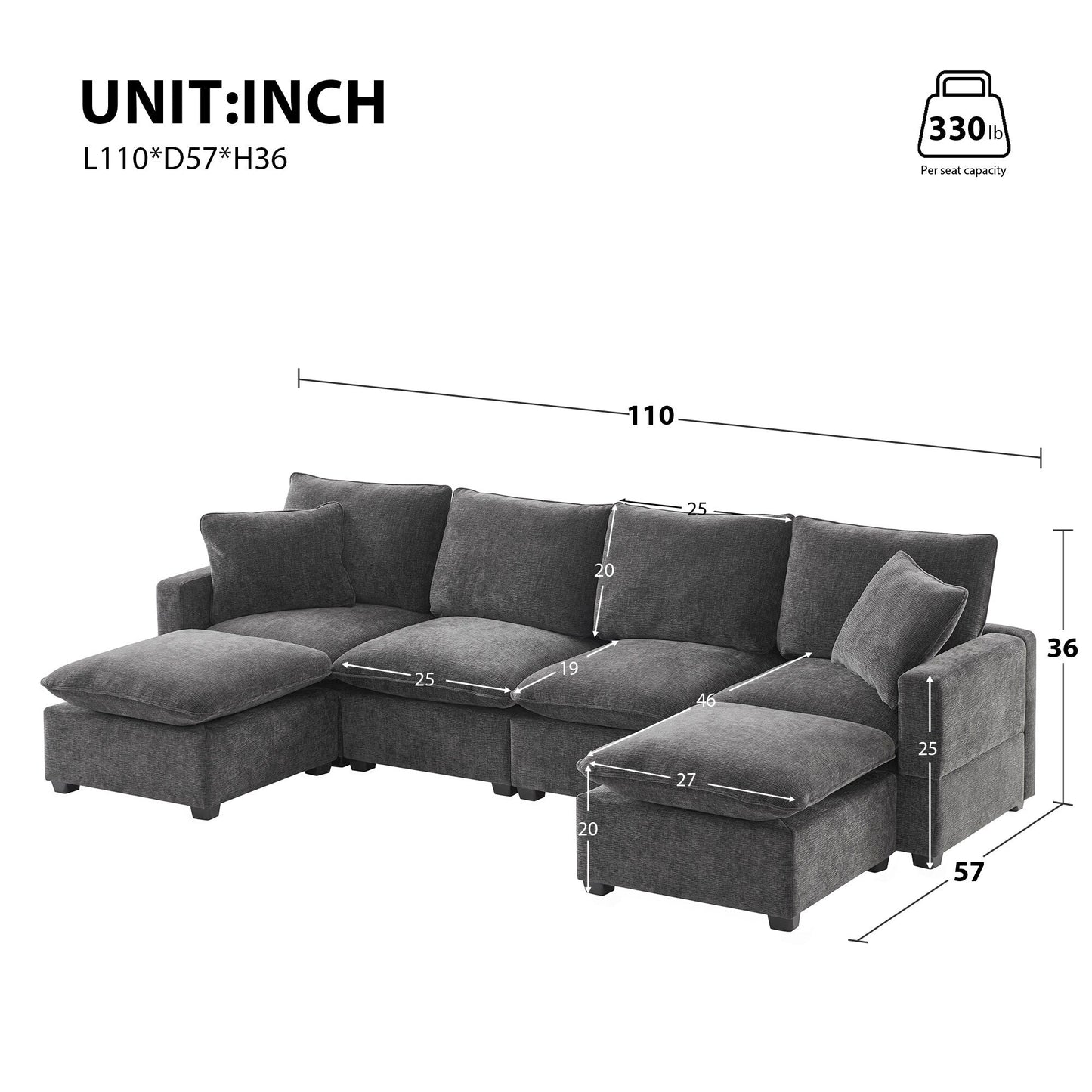 Canapé modulaire moderne, ensemble de canapés sectionnels 4 places en chenille avec 2 coussins inclus, mobilier d'intérieur librement combinable