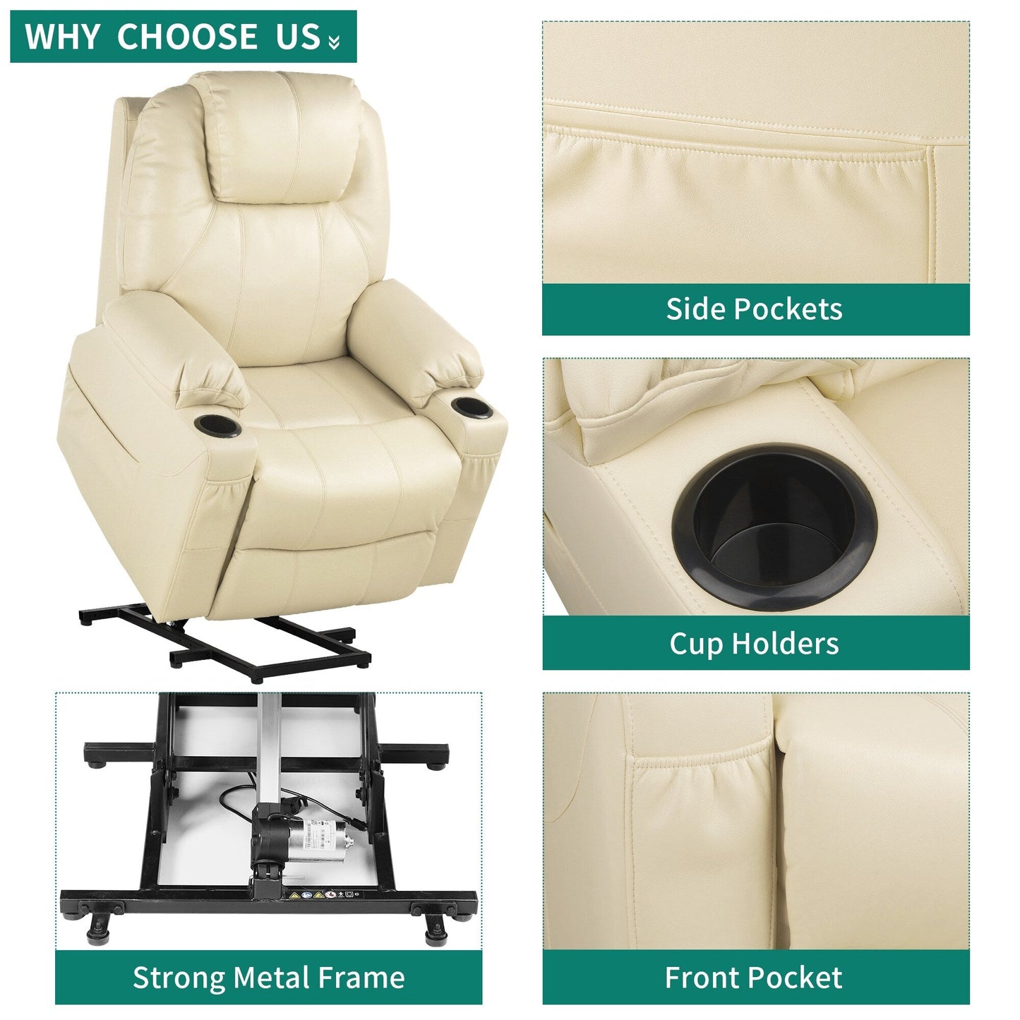 Fauteuil inclinable moderne blanc cassé en similicuir/tissu massant