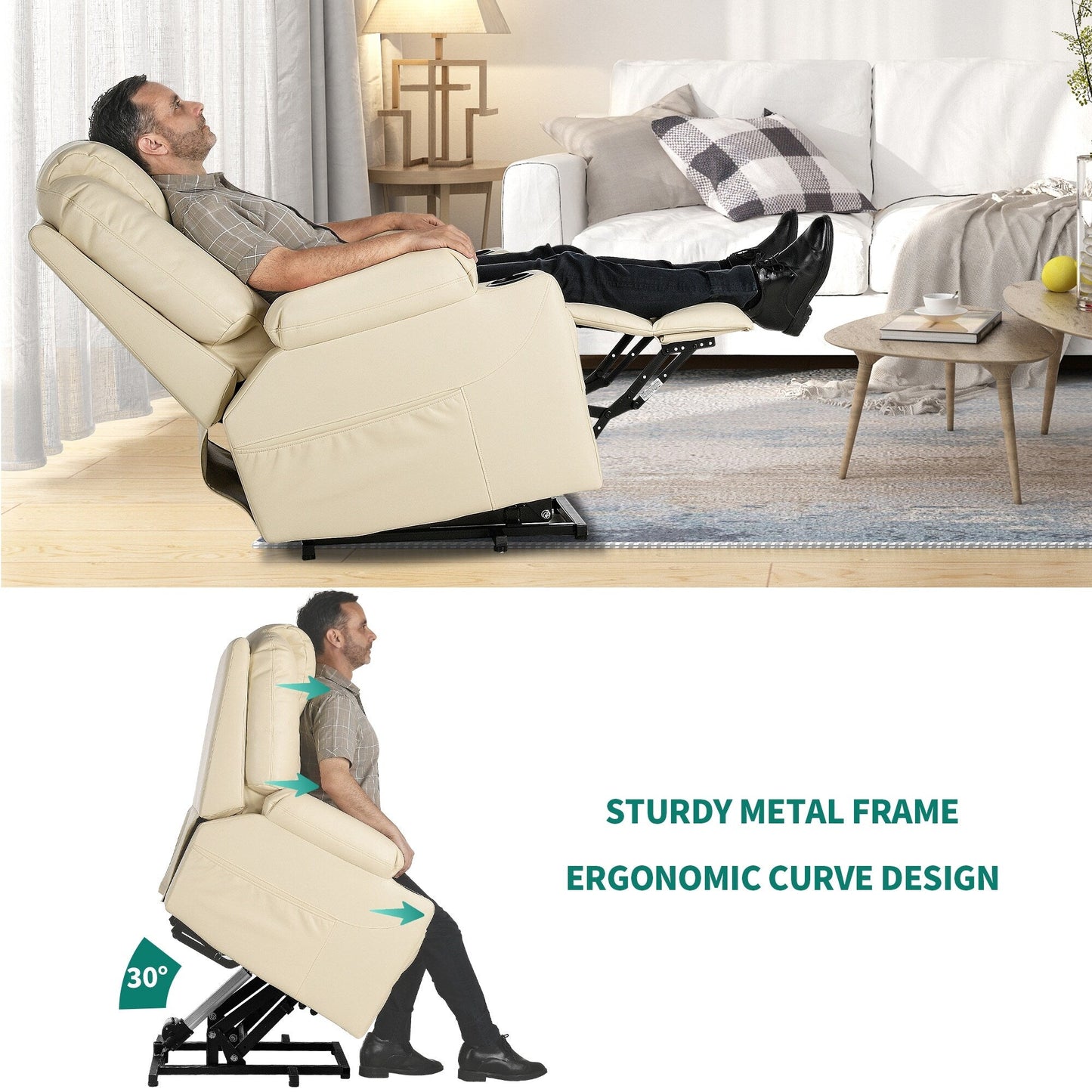 Fauteuil inclinable moderne blanc cassé en similicuir/tissu massant