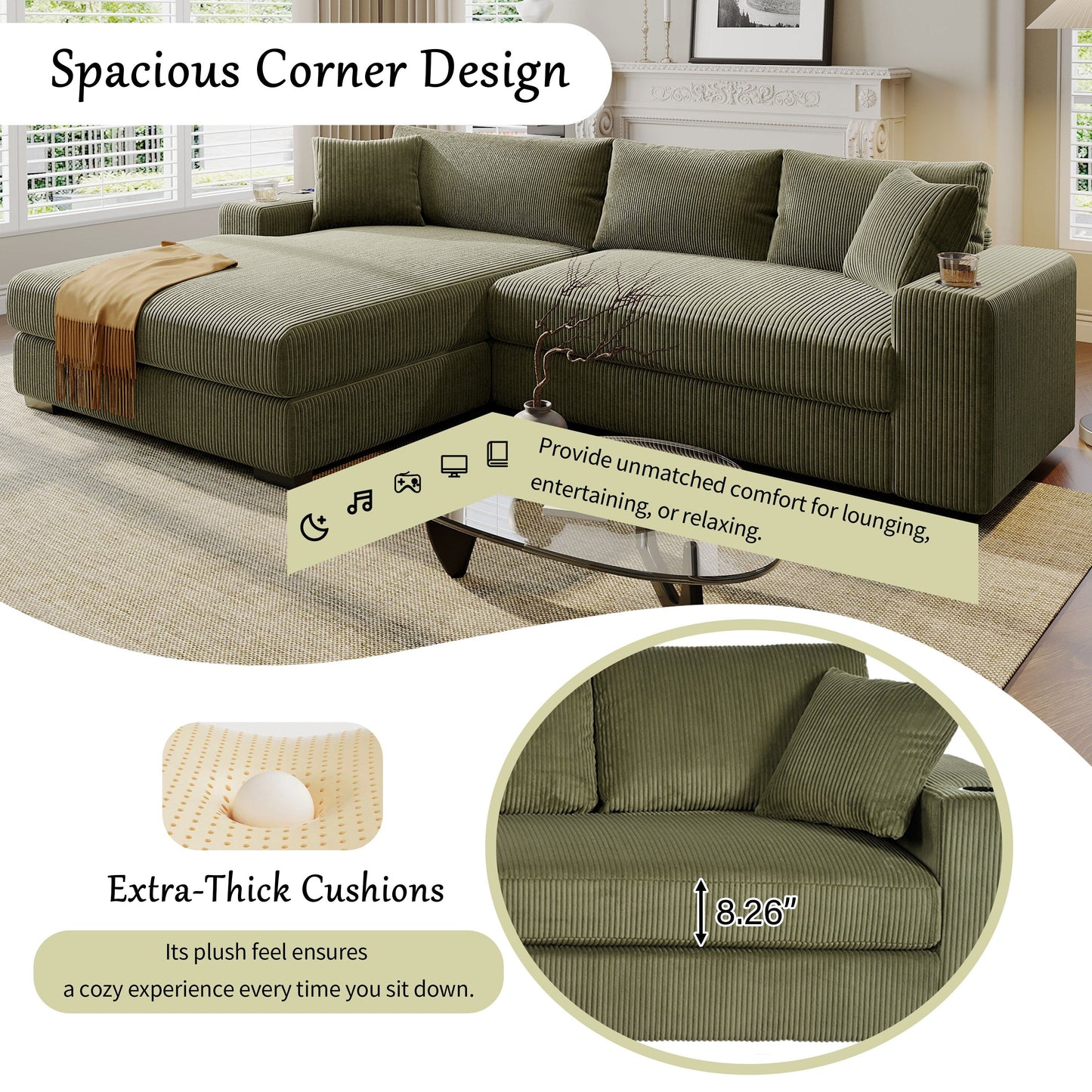 Canapé sectionnel 3 places moderne et surdimensionné avec porte-gobelets et ports de chargement USB, coussins épais pour le salon