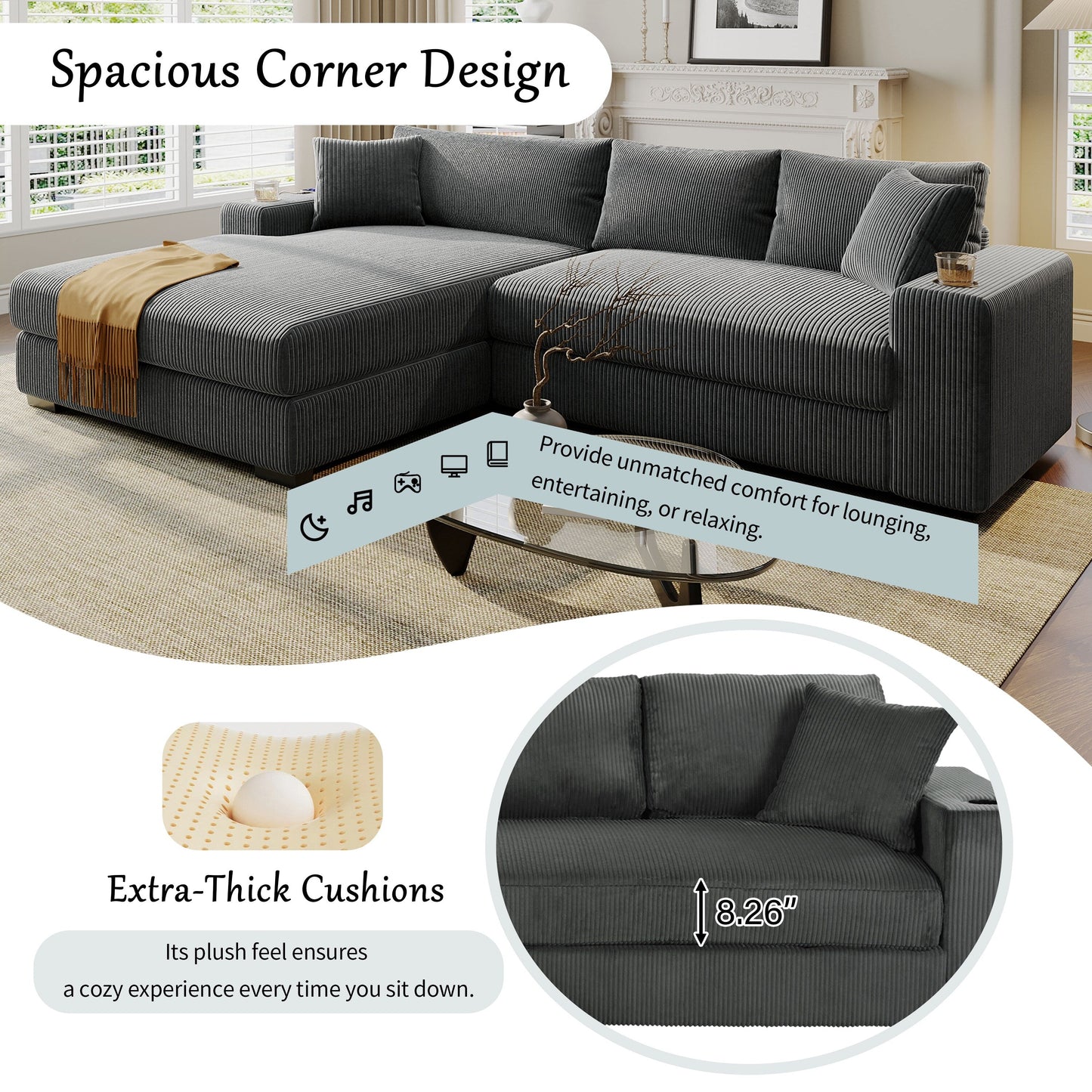 Canapé sectionnel 3 places moderne et surdimensionné avec porte-gobelets et ports de chargement USB, coussins épais pour le salon