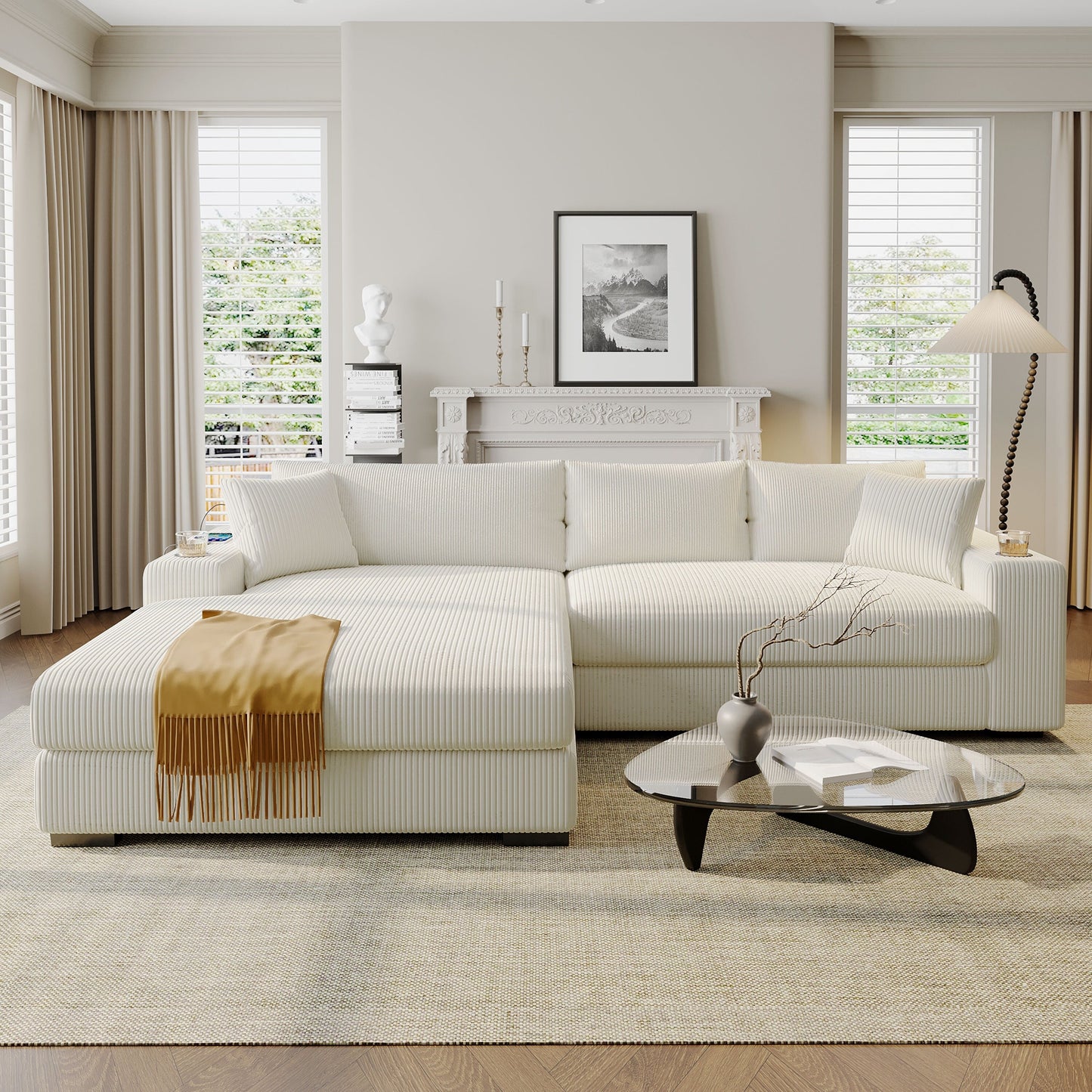 Canapé sectionnel 3 places moderne et surdimensionné avec porte-gobelets et ports de chargement USB, coussins épais pour le salon