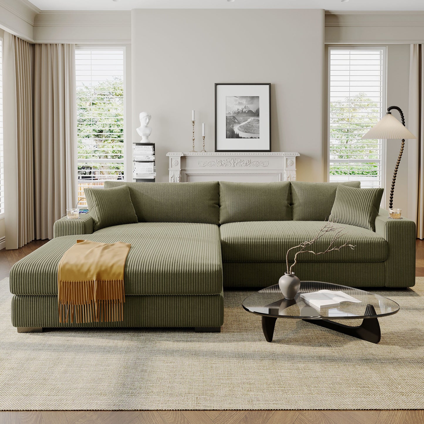 Canapé sectionnel 3 places moderne et surdimensionné avec porte-gobelets et ports de chargement USB, coussins épais pour le salon