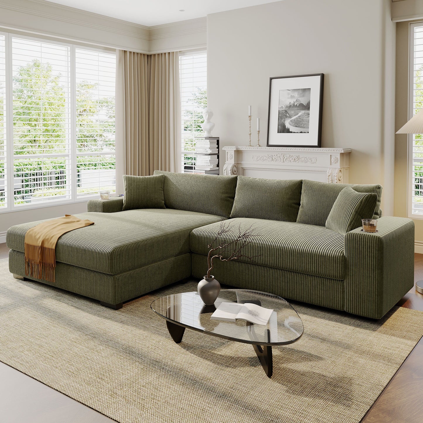 Canapé sectionnel 3 places moderne et surdimensionné avec porte-gobelets et ports de chargement USB, coussins épais pour le salon