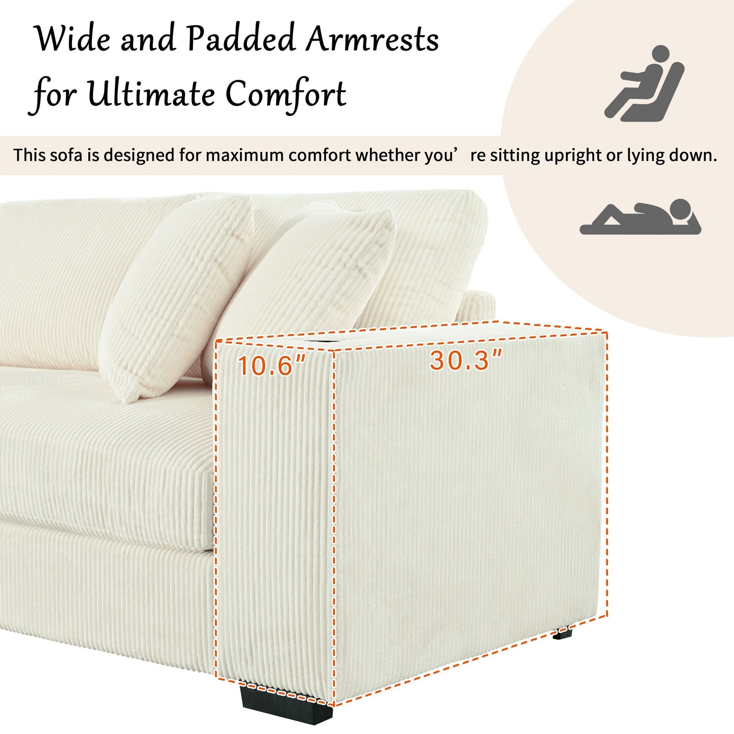 Canapé sectionnel 3 places moderne et surdimensionné avec porte-gobelets et ports de chargement USB, coussins épais pour le salon