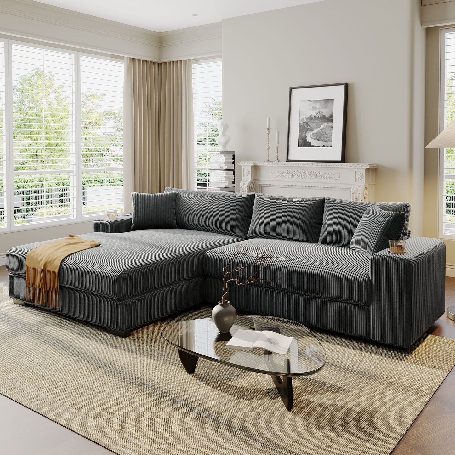 Canapé sectionnel 3 places moderne et surdimensionné avec porte-gobelets et ports de chargement USB, coussins épais pour le salon