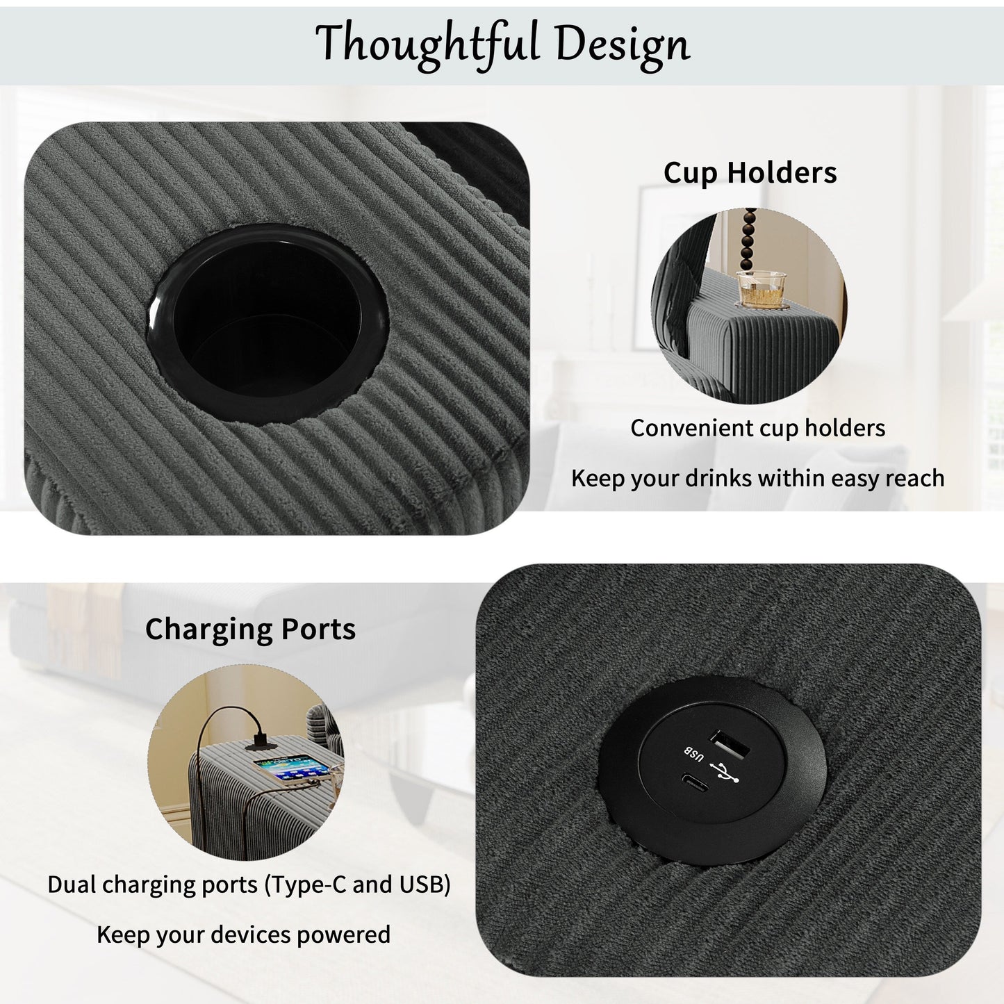 Canapé sectionnel 3 places moderne et surdimensionné avec porte-gobelets et ports de chargement USB, coussins épais pour le salon