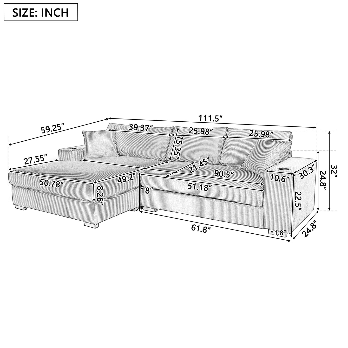 Canapé sectionnel 3 places moderne et surdimensionné avec porte-gobelets et ports de chargement USB, coussins épais pour le salon