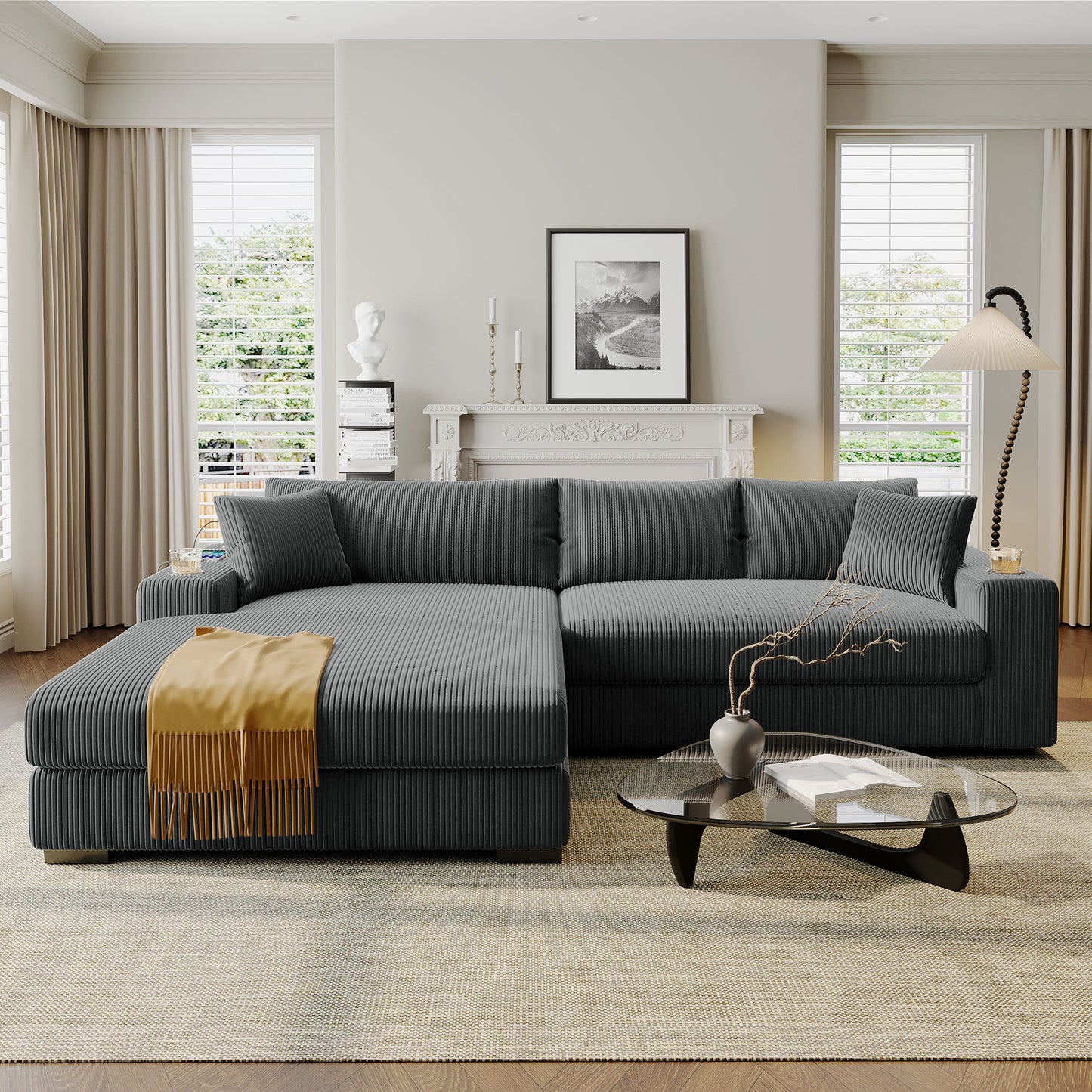 Canapé sectionnel 3 places moderne et surdimensionné avec porte-gobelets et ports de chargement USB, coussins épais pour le salon