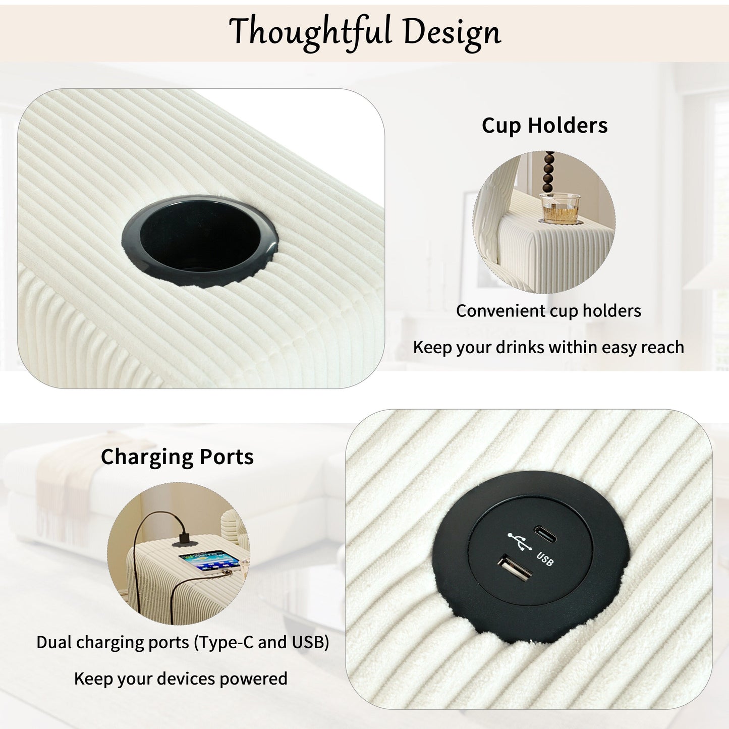 Canapé sectionnel 3 places moderne et surdimensionné avec porte-gobelets et ports de chargement USB, coussins épais pour le salon