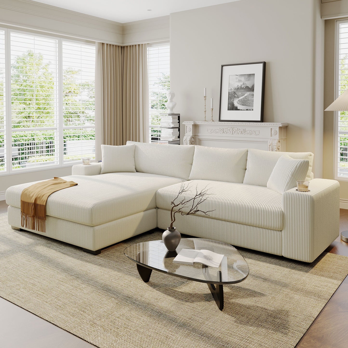 Canapé sectionnel 3 places moderne et surdimensionné avec porte-gobelets et ports de chargement USB, coussins épais pour le salon