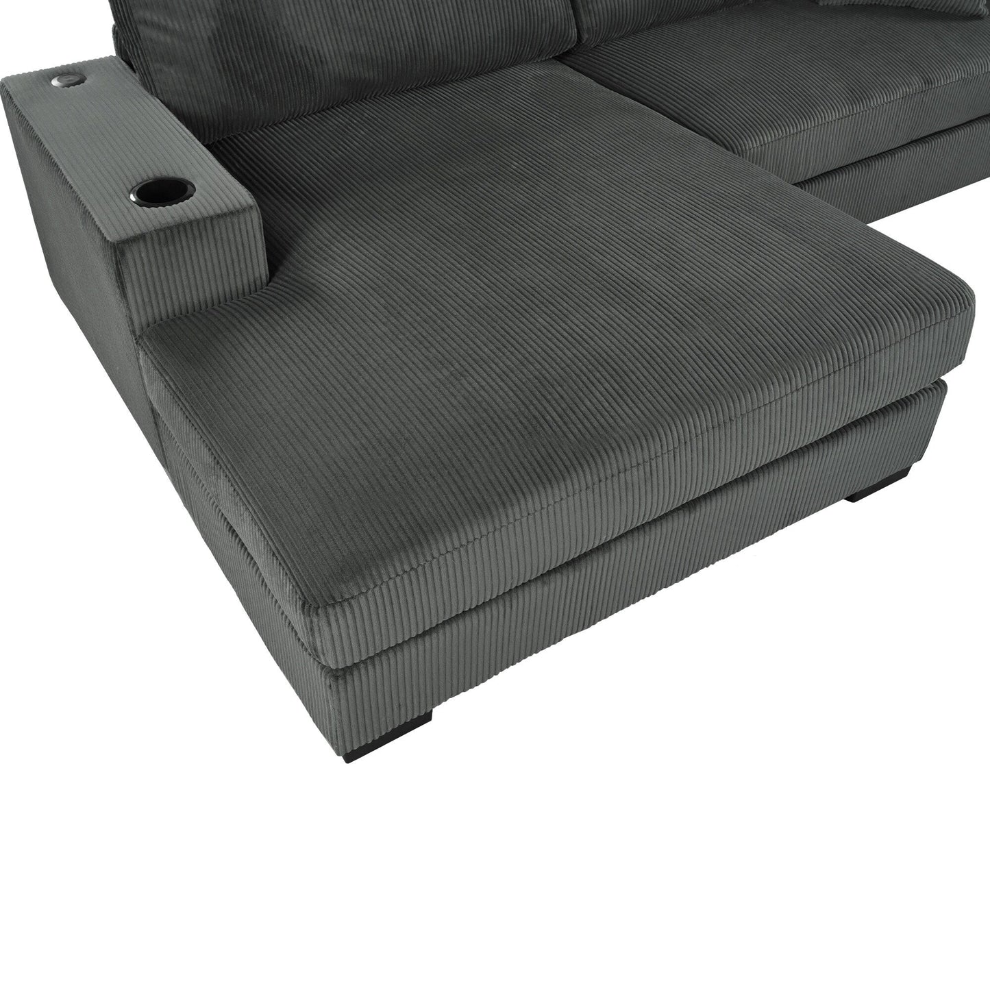 Canapé sectionnel 3 places moderne et surdimensionné avec porte-gobelets et ports de chargement USB, coussins épais pour le salon
