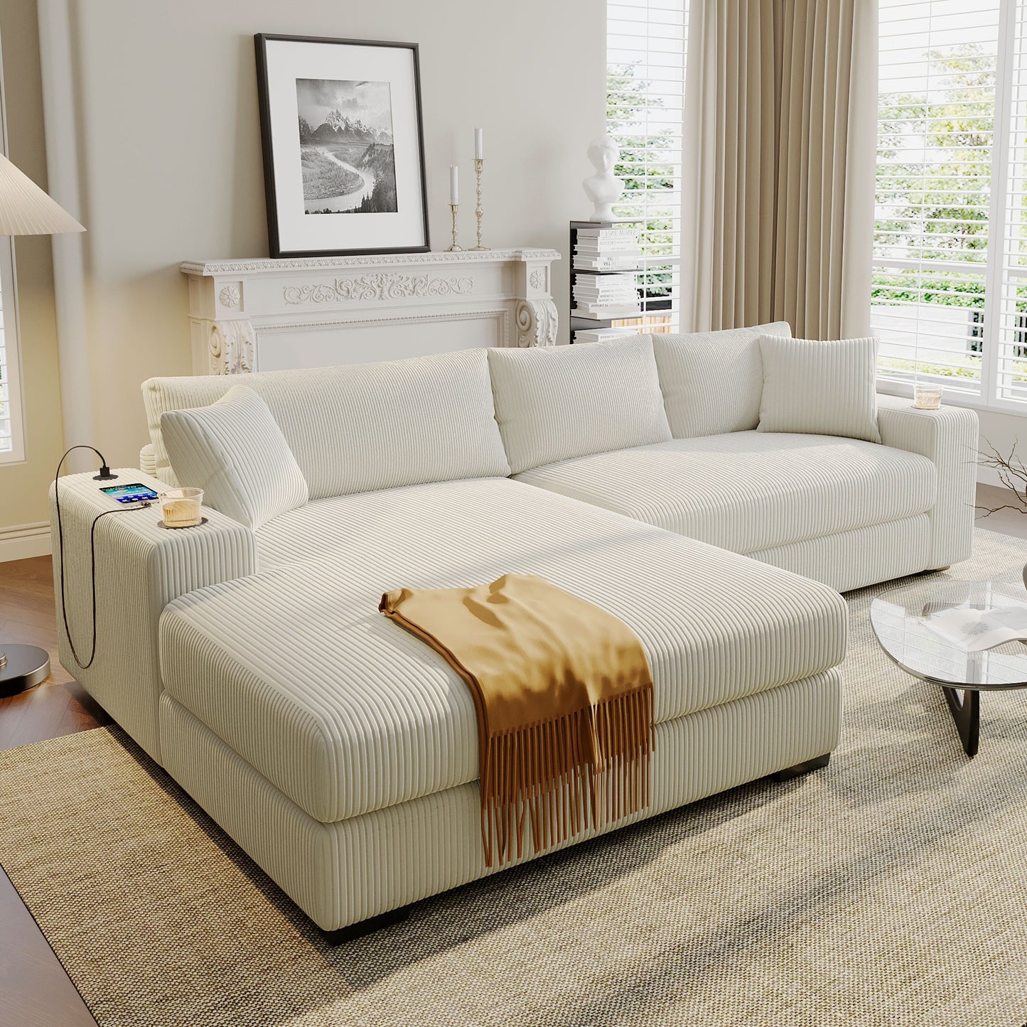 Canapé sectionnel 3 places moderne et surdimensionné avec porte-gobelets et ports de chargement USB, coussins épais pour le salon