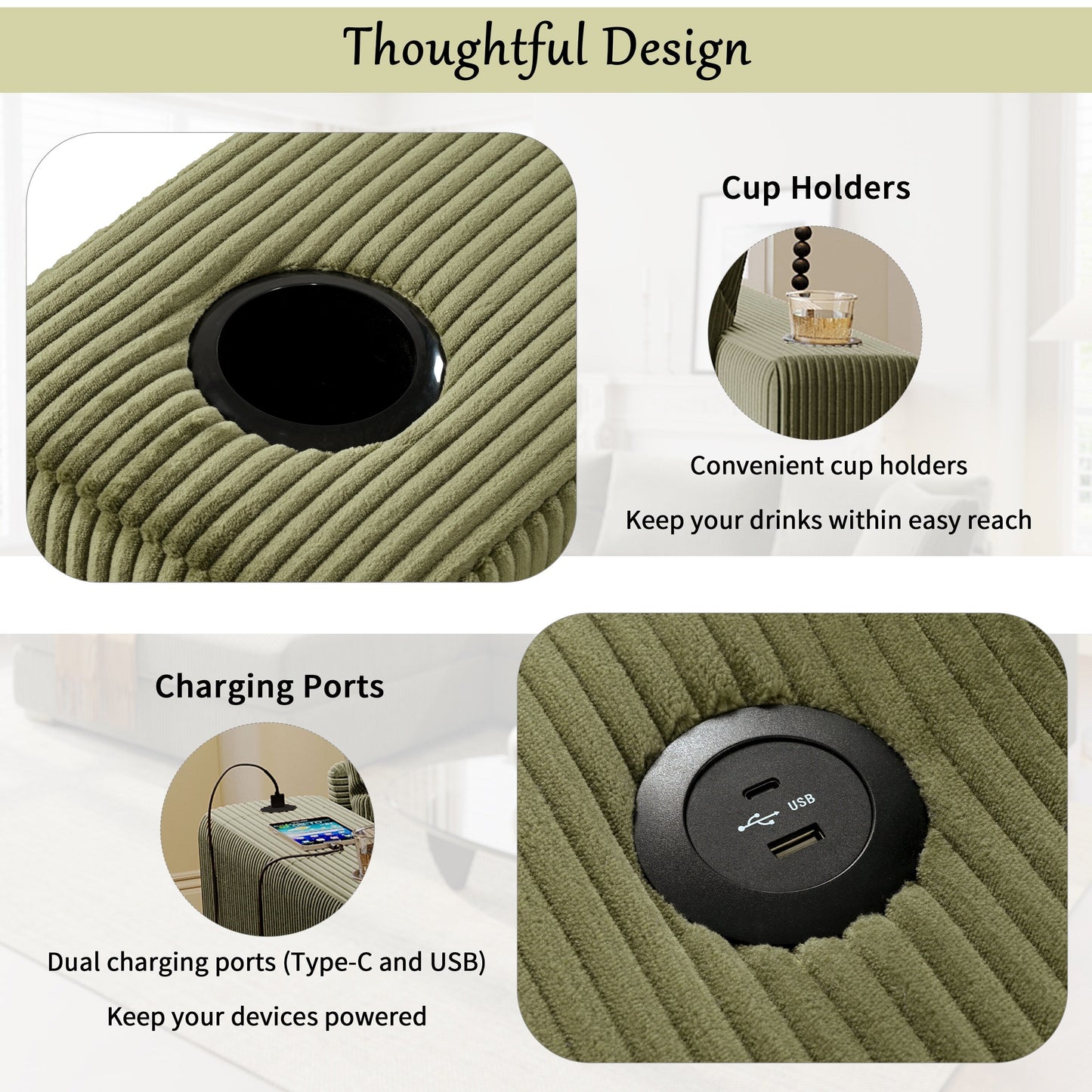 Canapé sectionnel 3 places moderne et surdimensionné avec porte-gobelets et ports de chargement USB, coussins épais pour le salon
