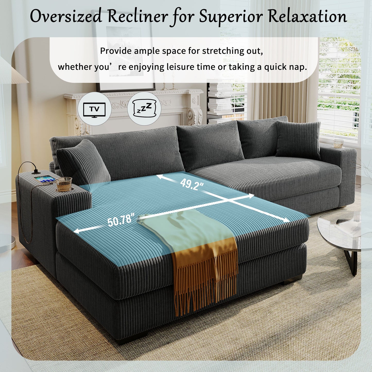 Canapé sectionnel 3 places moderne et surdimensionné avec porte-gobelets et ports de chargement USB, coussins épais pour le salon