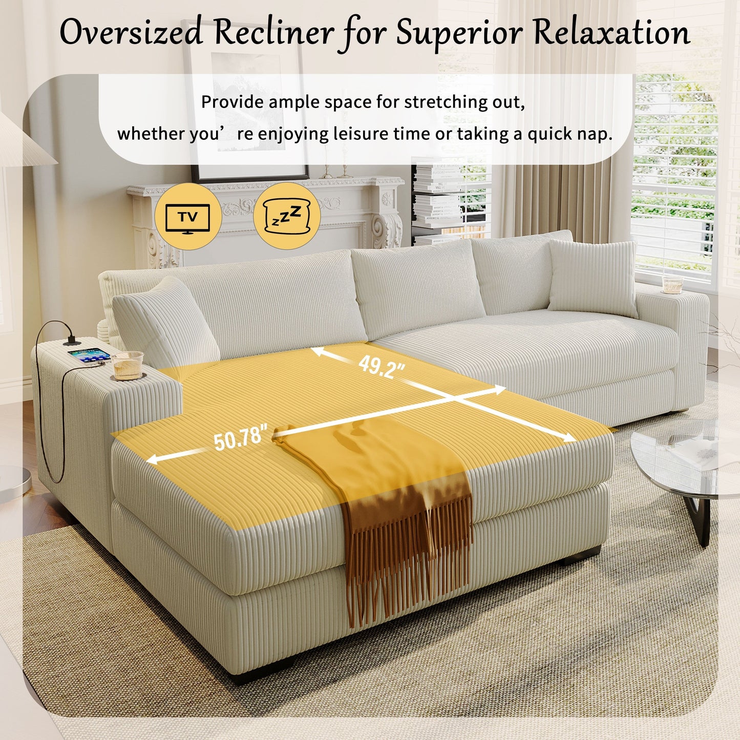 Canapé sectionnel 3 places moderne et surdimensionné avec porte-gobelets et ports de chargement USB, coussins épais pour le salon