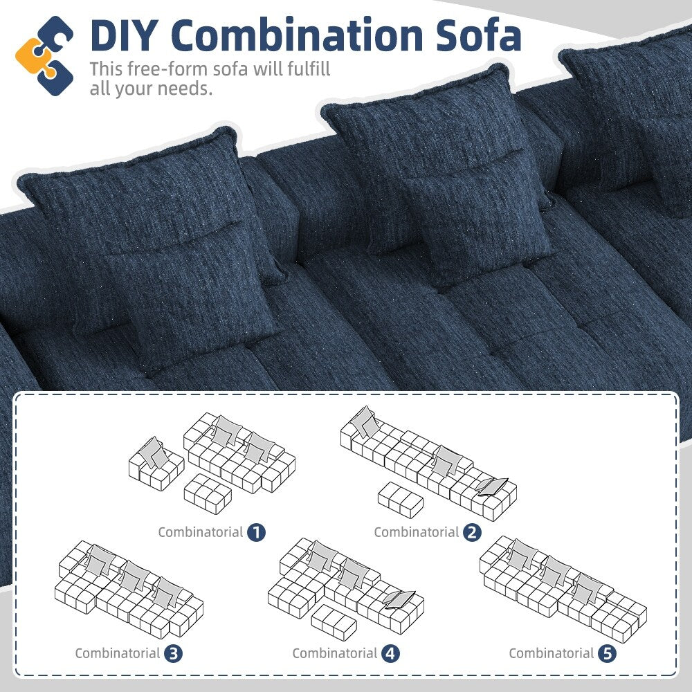 Canapé modulaire moderne surdimensionné en chenille, capitonné, avec 6 oreillers et pouf pour le salon