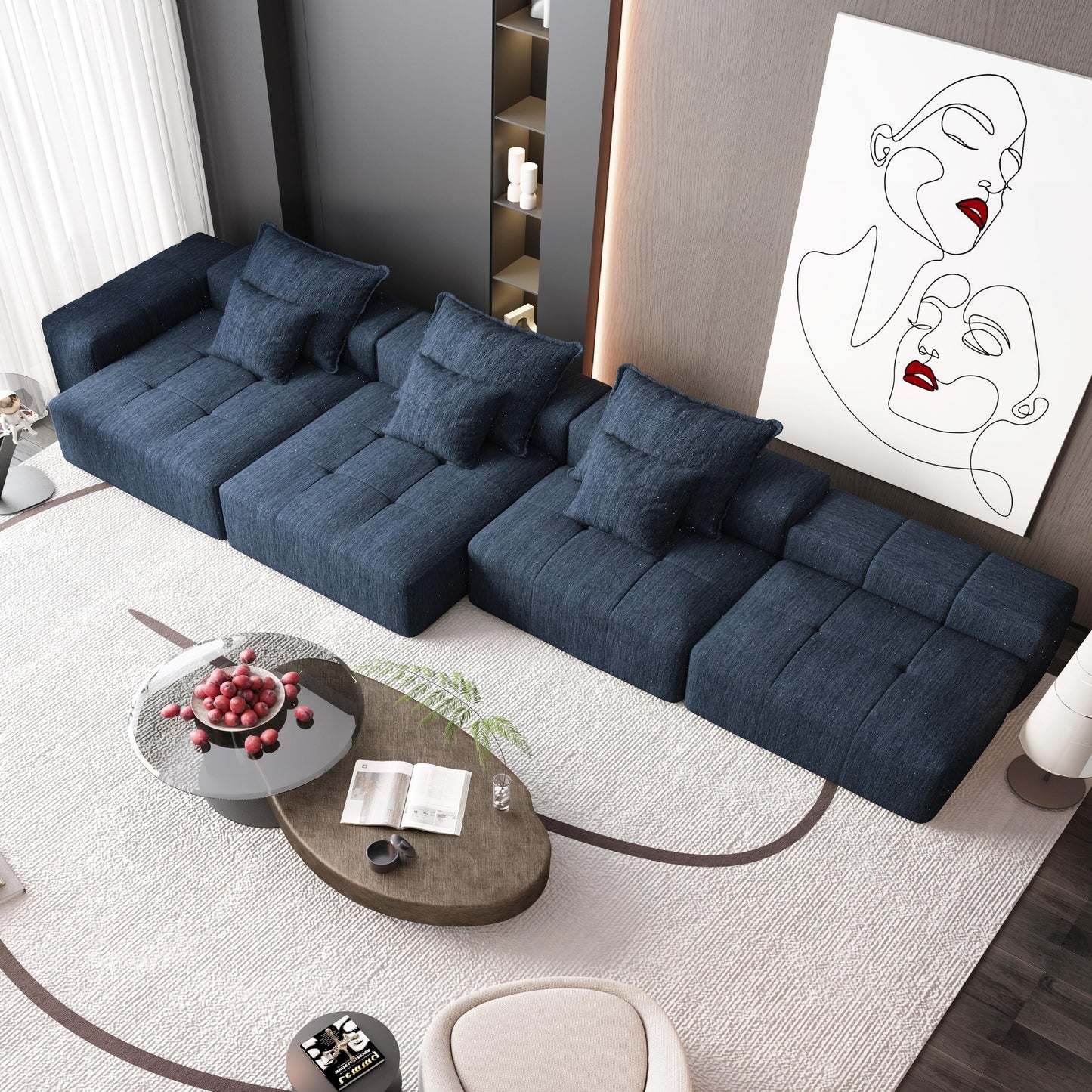 Canapé modulaire moderne surdimensionné en chenille, capitonné, avec 6 oreillers et pouf pour le salon