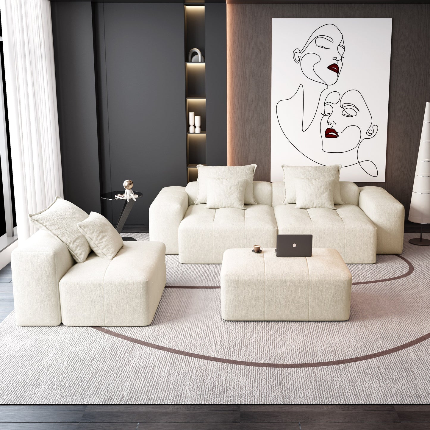 Canapé modulaire moderne surdimensionné en chenille, capitonné, avec 6 oreillers et pouf pour le salon