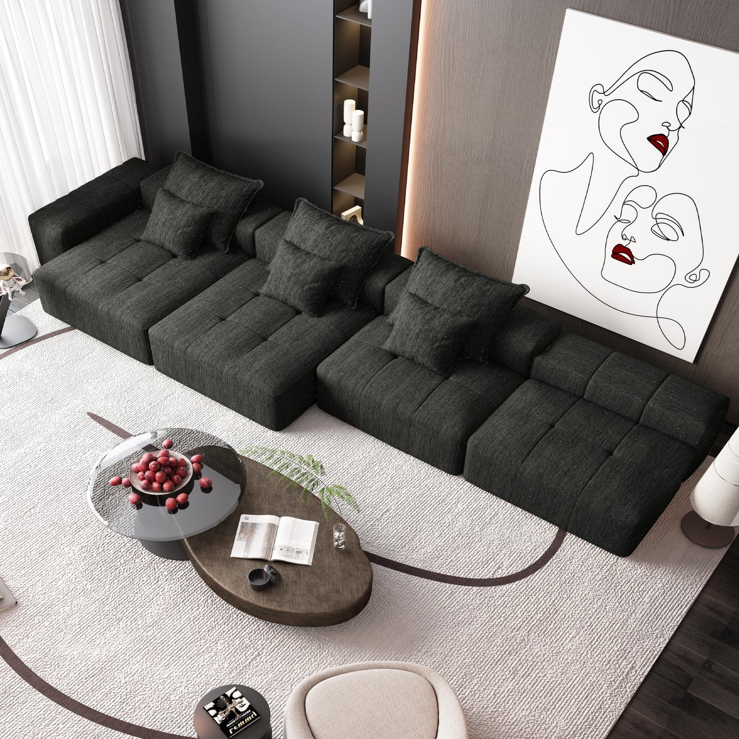Canapé modulaire moderne surdimensionné en chenille, capitonné, avec 6 oreillers et pouf pour le salon