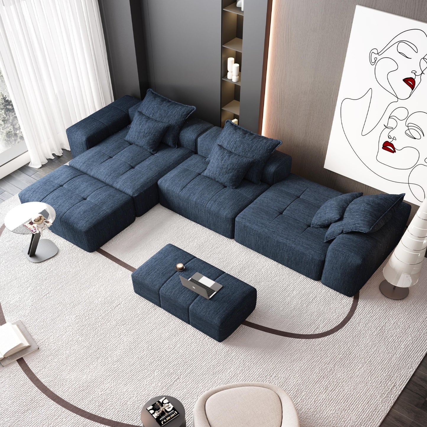 Canapé modulaire moderne surdimensionné en chenille, capitonné, avec 6 oreillers et pouf pour le salon