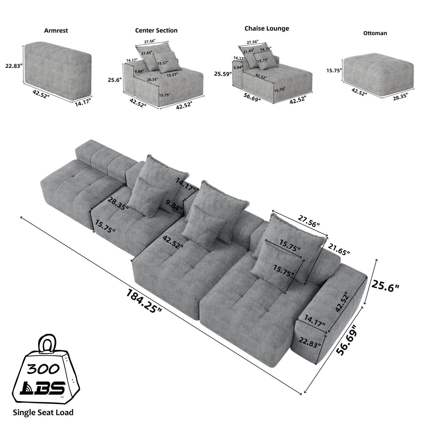Canapé modulaire moderne surdimensionné en chenille, capitonné, avec 6 oreillers et pouf pour le salon
