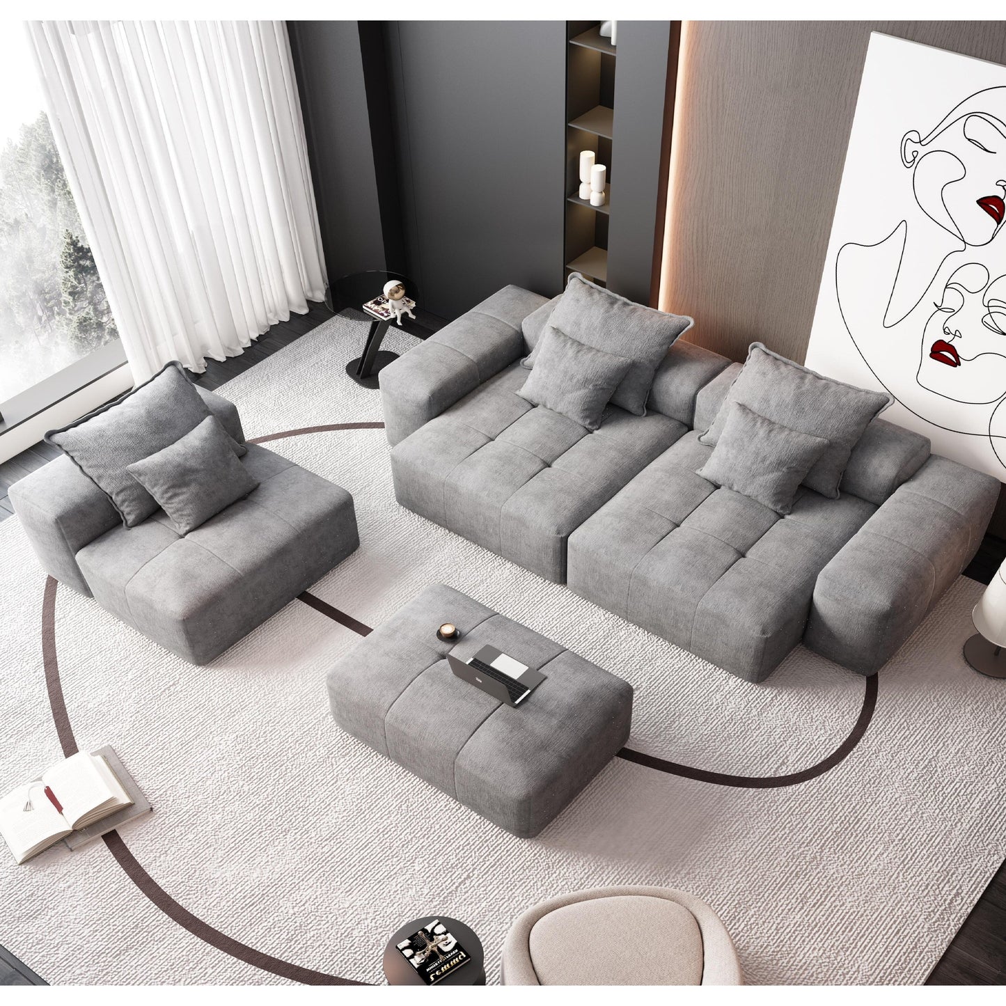 Canapé modulaire moderne surdimensionné en chenille, capitonné, avec 6 oreillers et pouf pour le salon