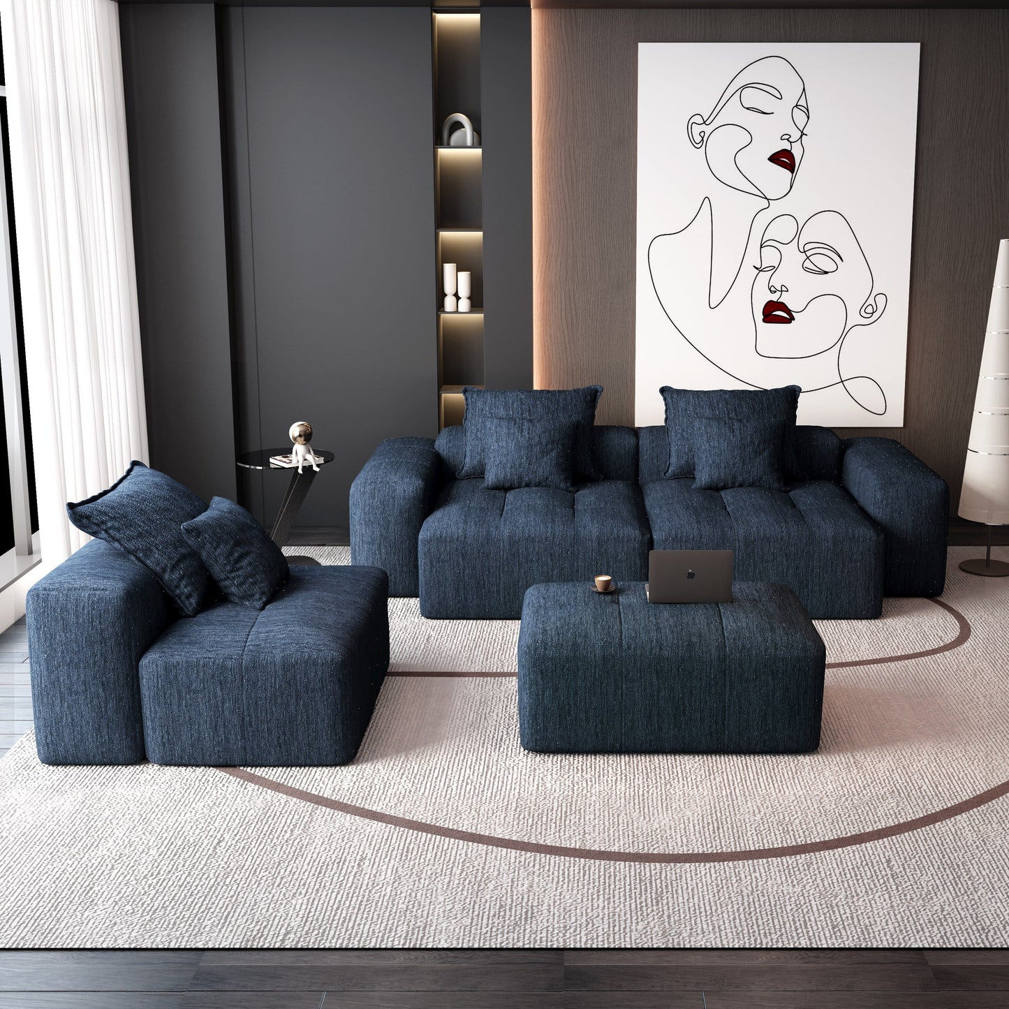Canapé modulaire moderne surdimensionné en chenille, capitonné, avec 6 oreillers et pouf pour le salon